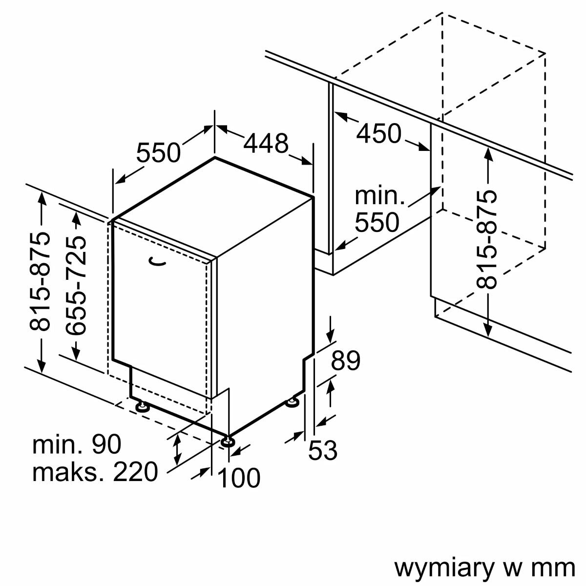 Schemat techniczny lodówki do zabudowy. Pokazuje wymiary i szczegóły instalacji.