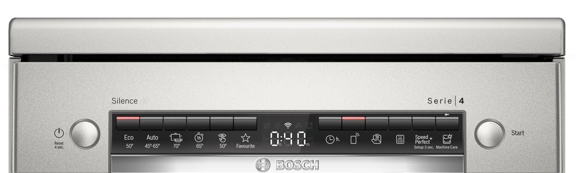 Panel sterowania zmywarki. Posiada przyciski i wyświetlacz cyfrowy pokazujący czas.