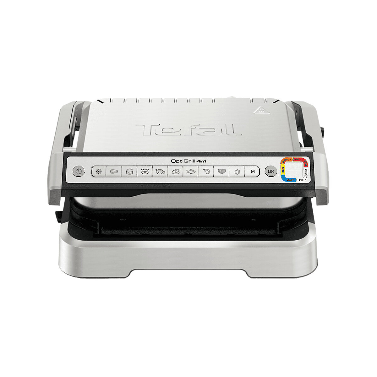 Tefal OptiGrill 4w1, srebrny i czarny, z panelem sterowania pokazującym opcje gotowania.