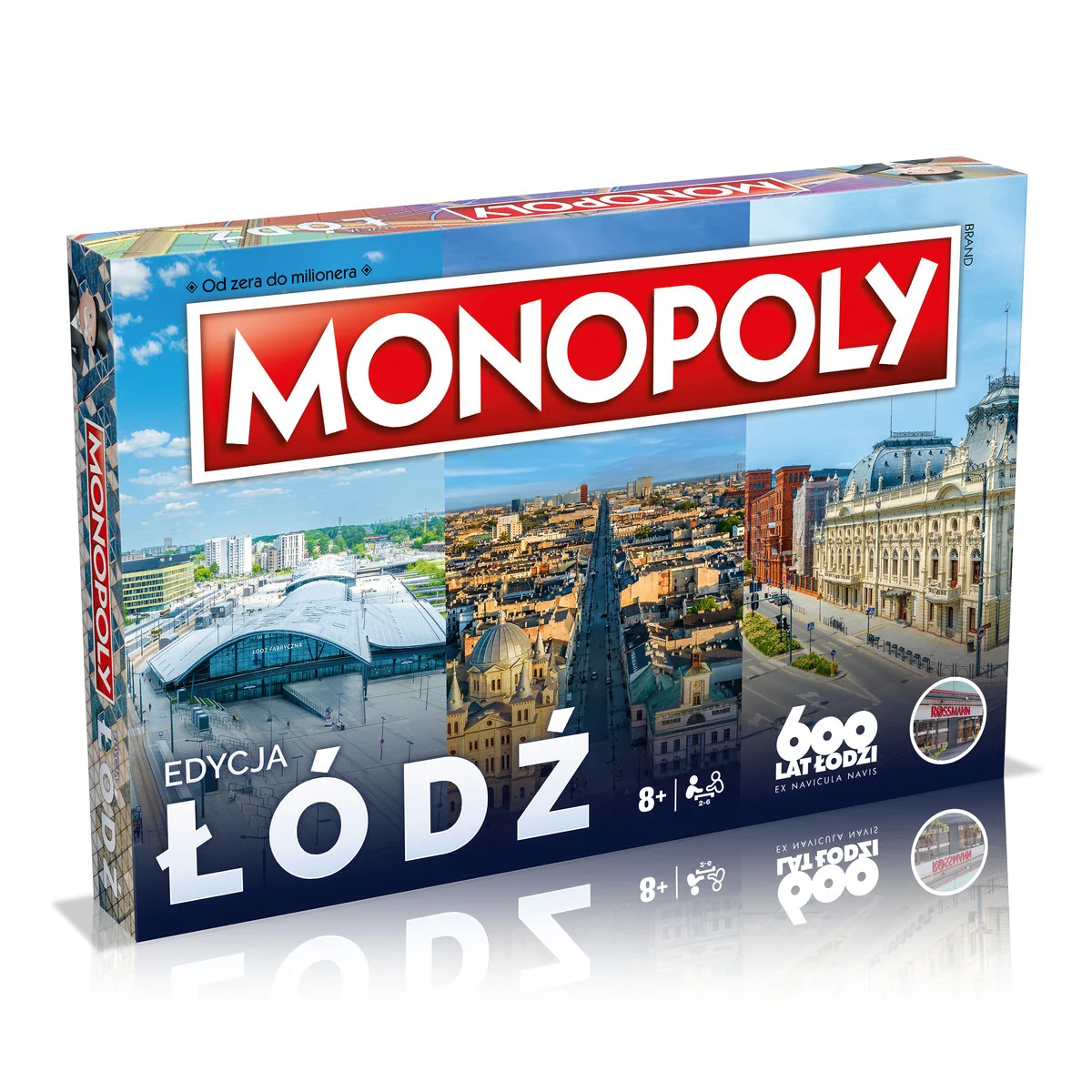 Pudełko gry planszowej Monopoly, z miastem i tekstem.