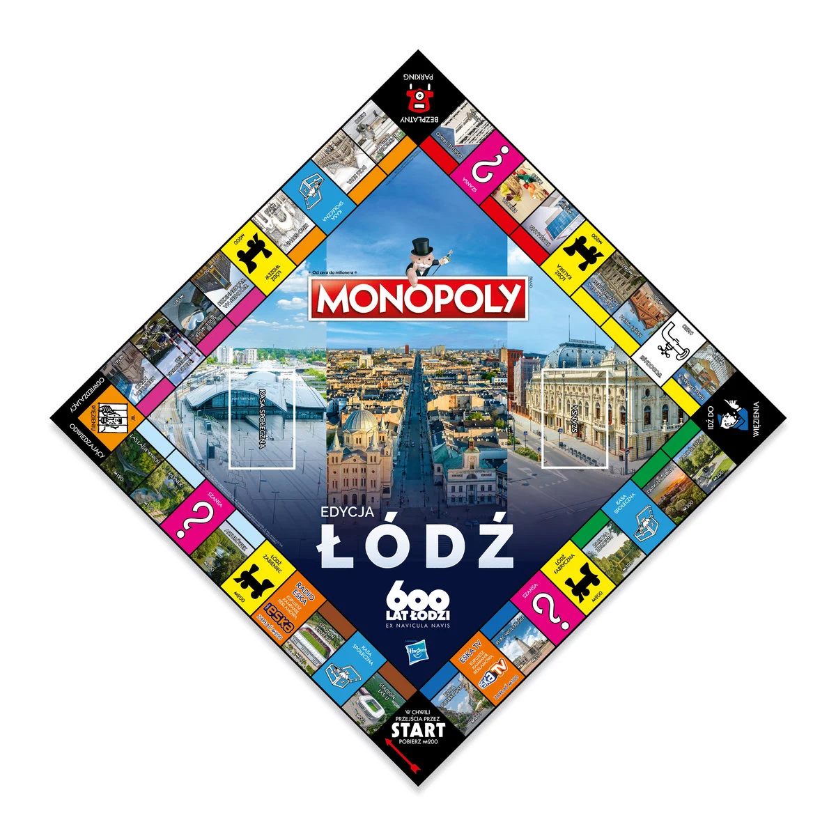 Plansza do gry Monopoly z Łodzią, miastem w Polsce, z budynkami.