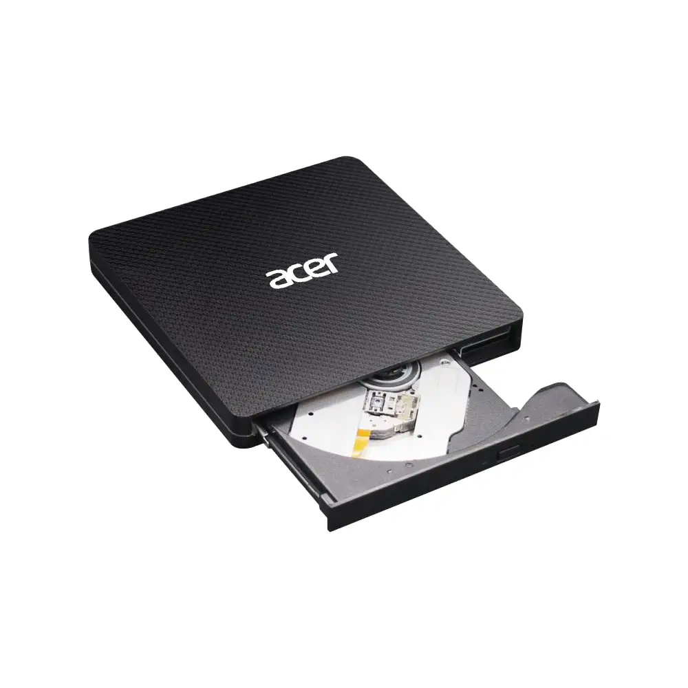 Schwarzes externes Acer DVD-Laufwerk mit geöffnetem Fach.