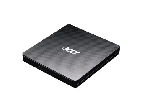 Schwarzes quadratisches externes Acer DVD-Laufwerk. 'acer'-Logo sichtbar.
