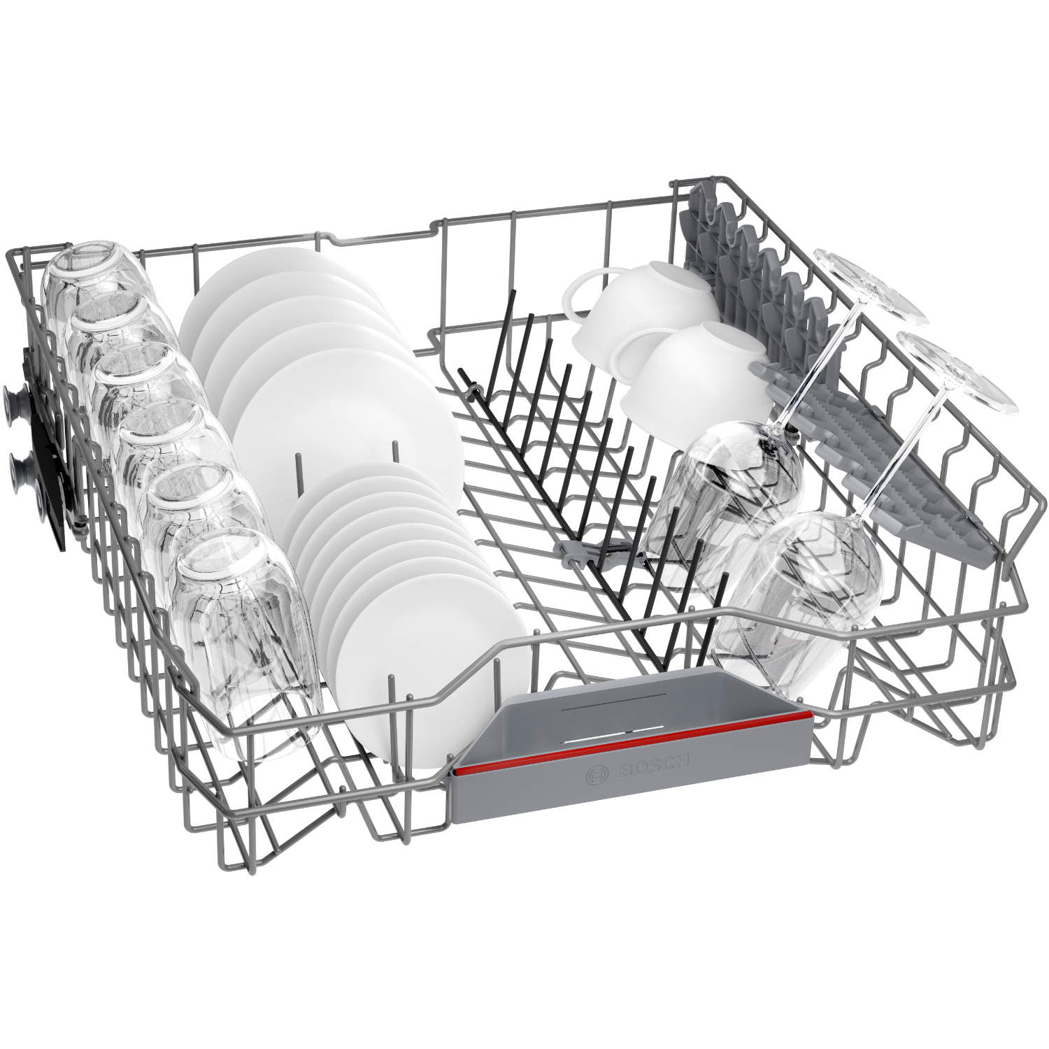 Vaatwasserrek geladen met borden, kopjes en glazen. Grijs metaal.