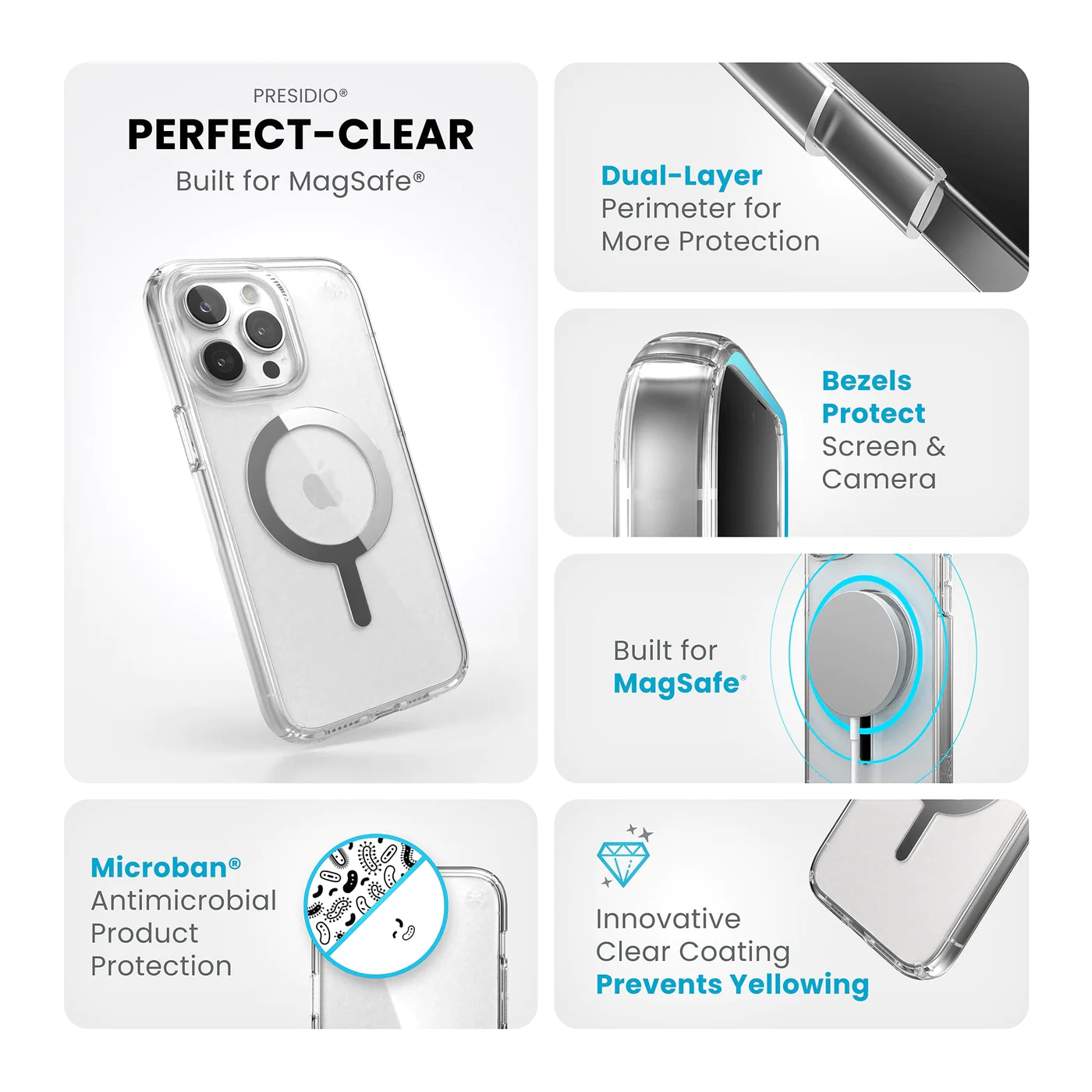 Egy átlátszó telefontok MagSafe gyűrűvel, amely egy átlátszó tok funkcióit mutatja.