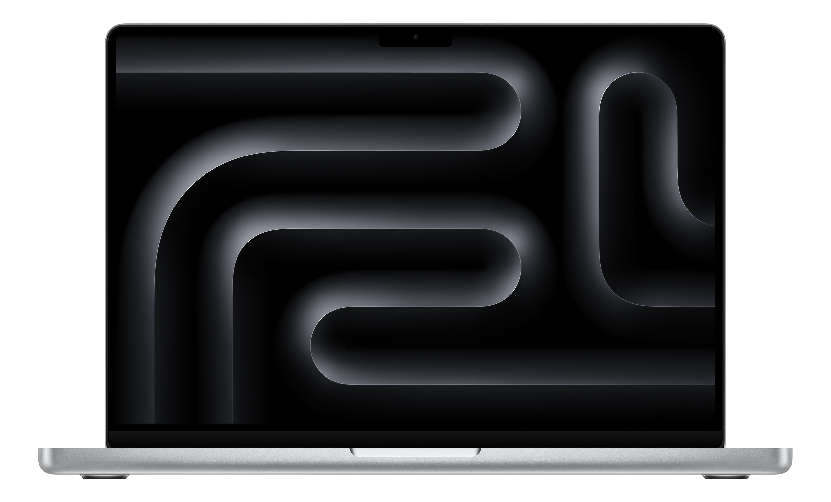 Un laptop argentato che mostra un design astratto in bianco e nero sullo schermo. Lo schermo è aperto.