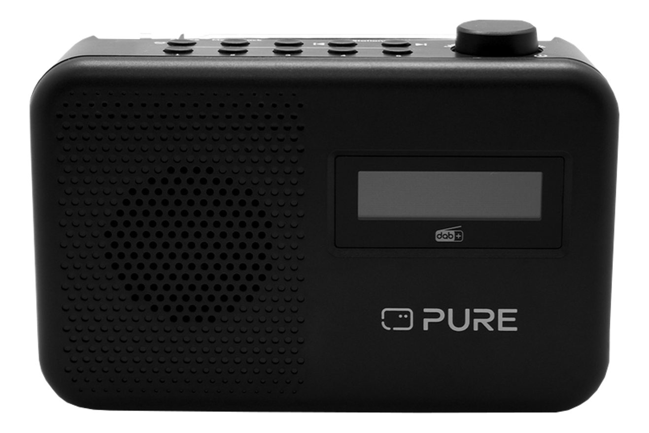 Radio DAB noire avec boutons et écran affichant 'DAB+'. La marque 'PURE' est visible.