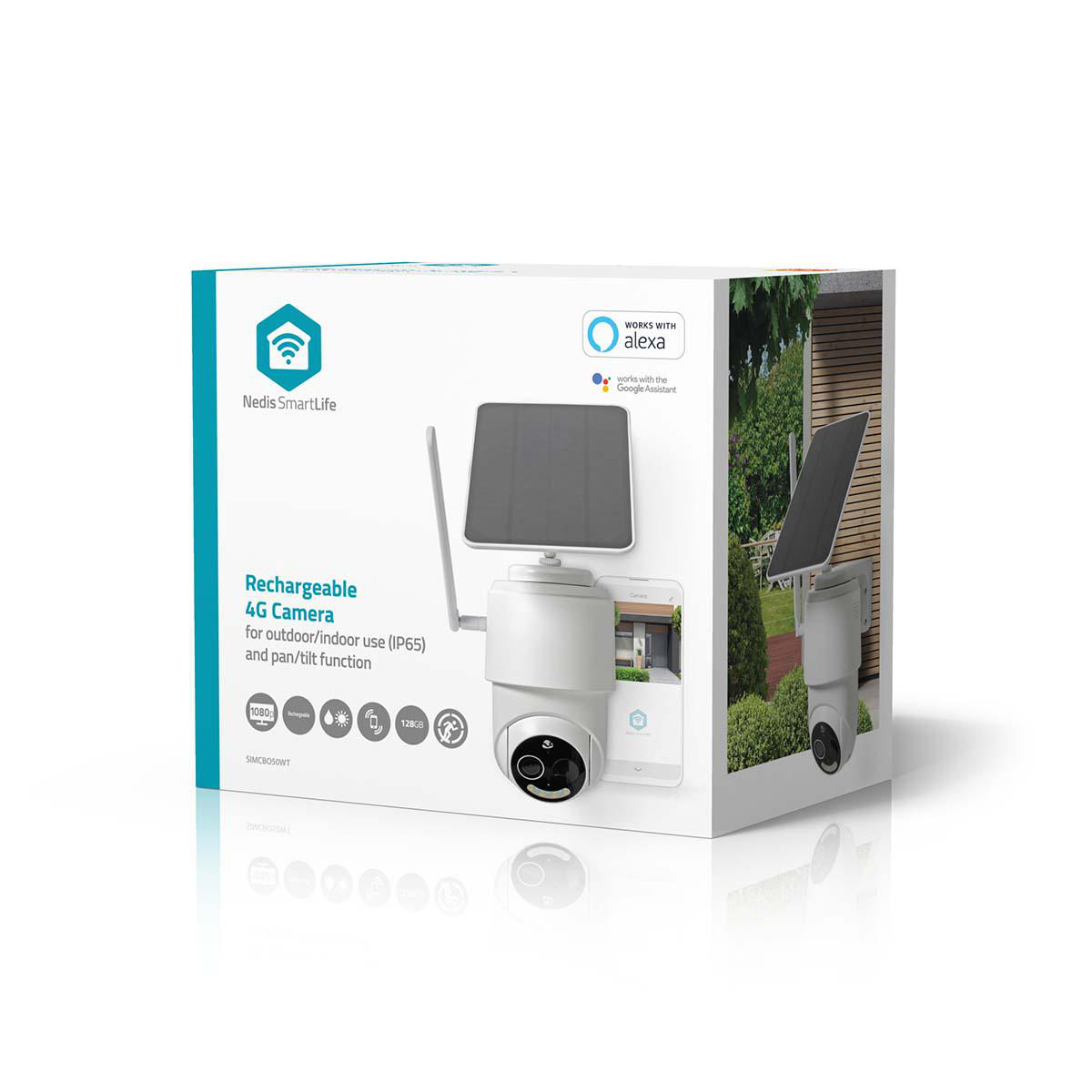 Eine weiße Nedis SmartLife wiederaufladbare 4G-Kamera mit Box und Alexa-Logo.