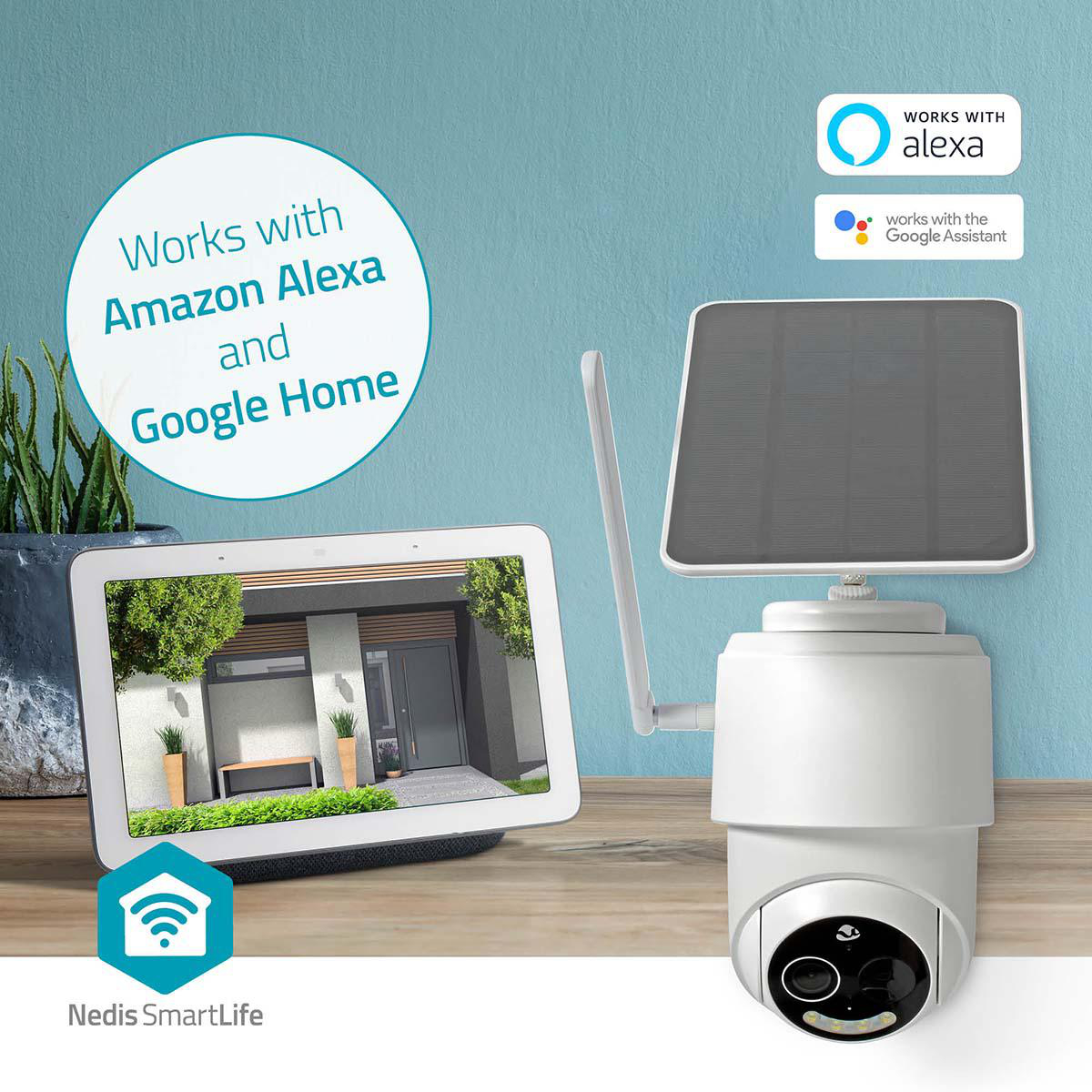 Eine Überwachungskamera und ein Tablet zeigen ein Haus von außen, mit Alexa- und Google Home-Kompatibilität.