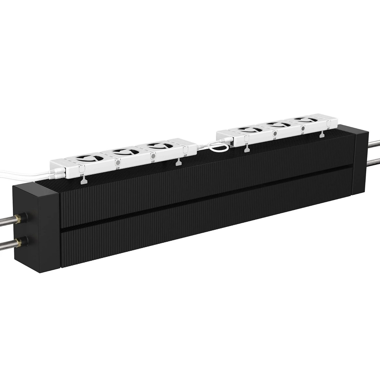A black rectangular device with two rows of fans and silver pipes, set on a white background.