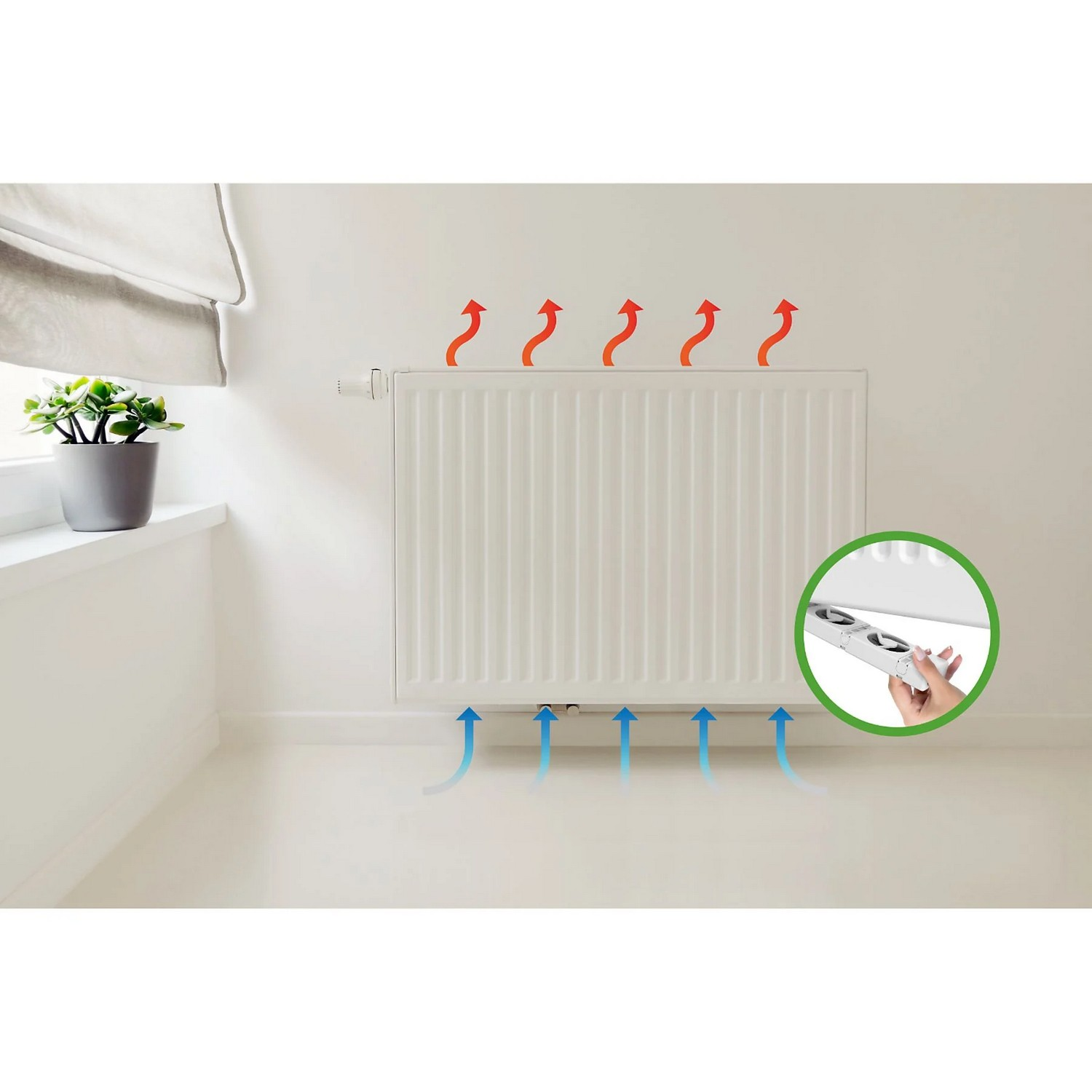 White radiator with red and blue arrows indicating air circulation. A potted plant is in the scene.