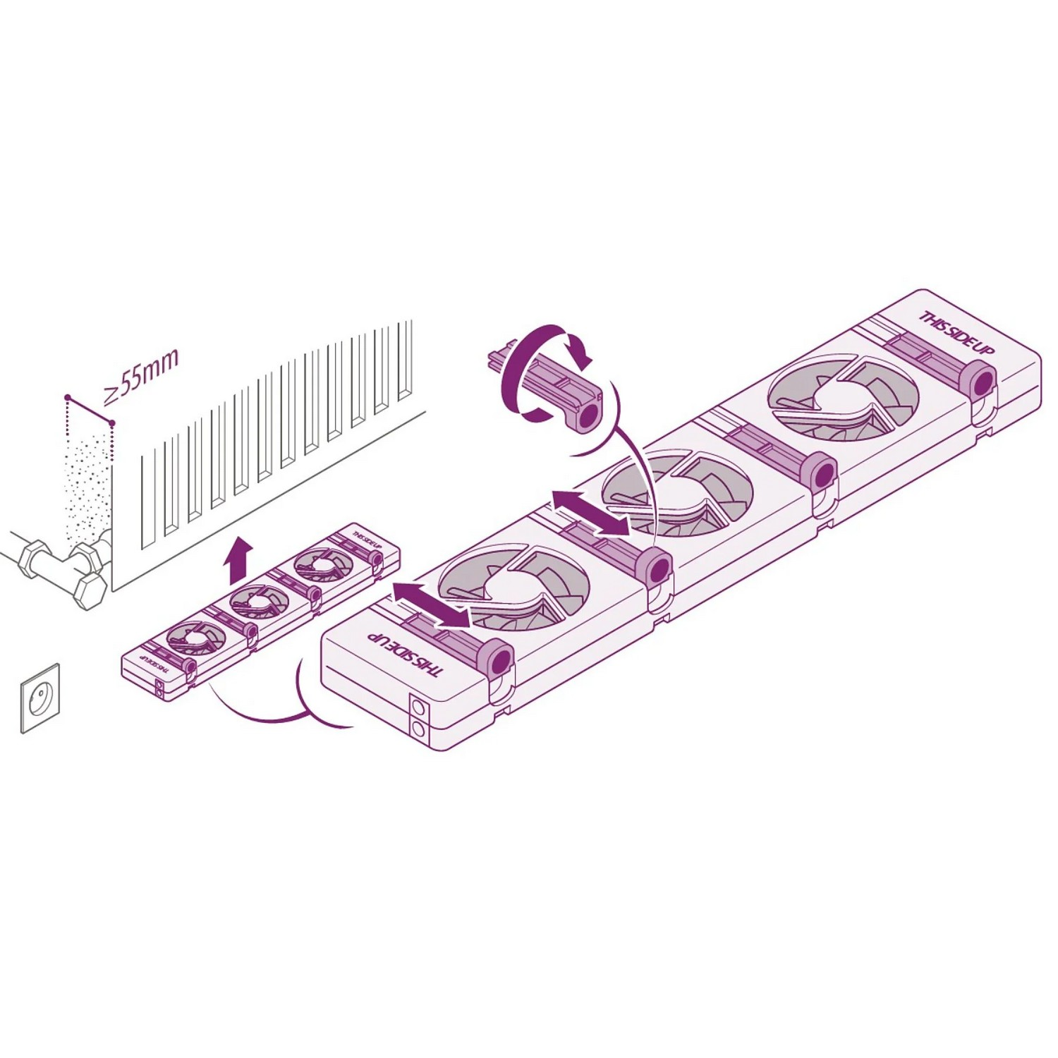 Diagram showing the assembly of cooling fans into a system, with arrows indicating the process.