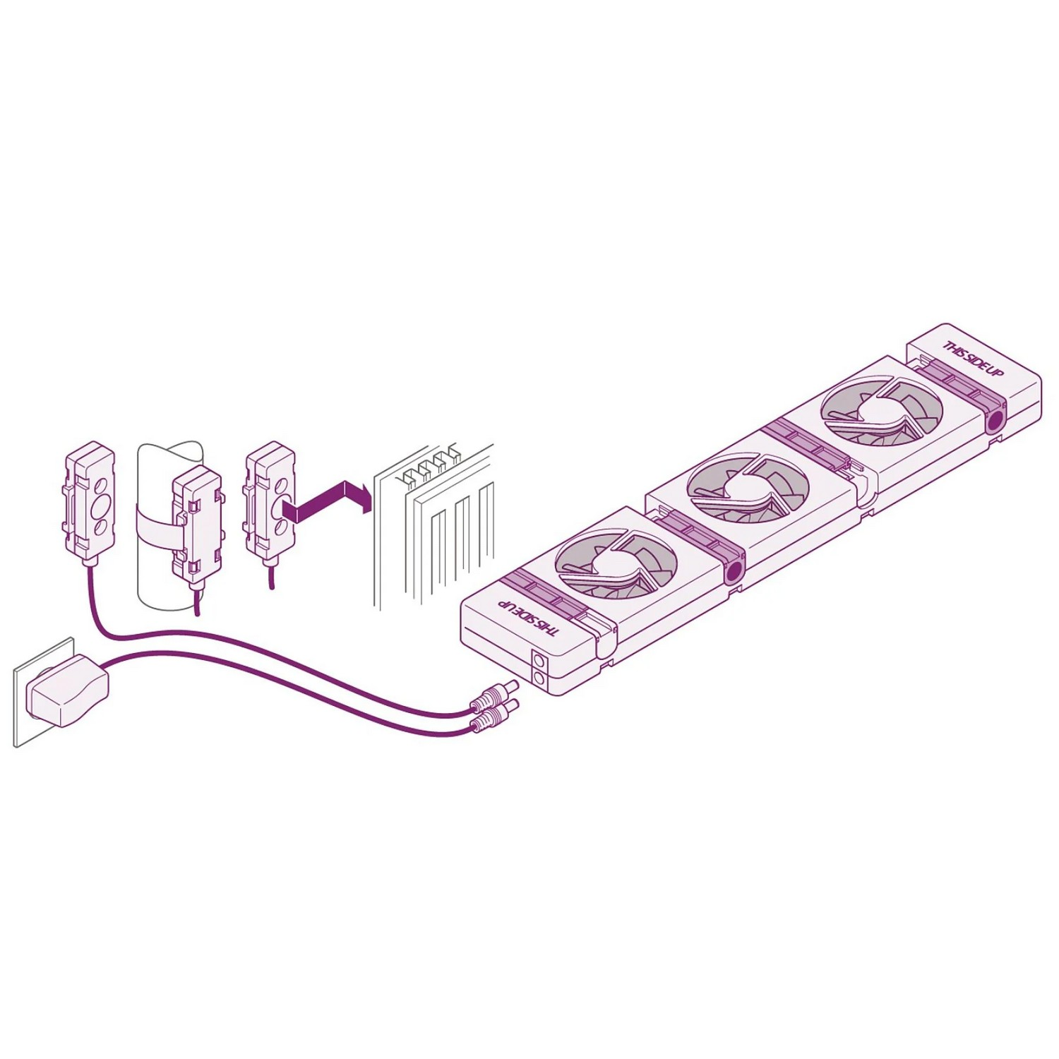 An illustration of computer components and wiring, showing a power outlet and multiple fans.