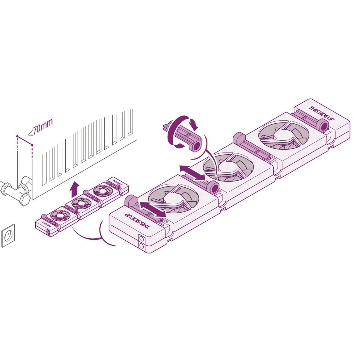 Diagram showing installation of cooling fans. Arrows indicate assembly steps.