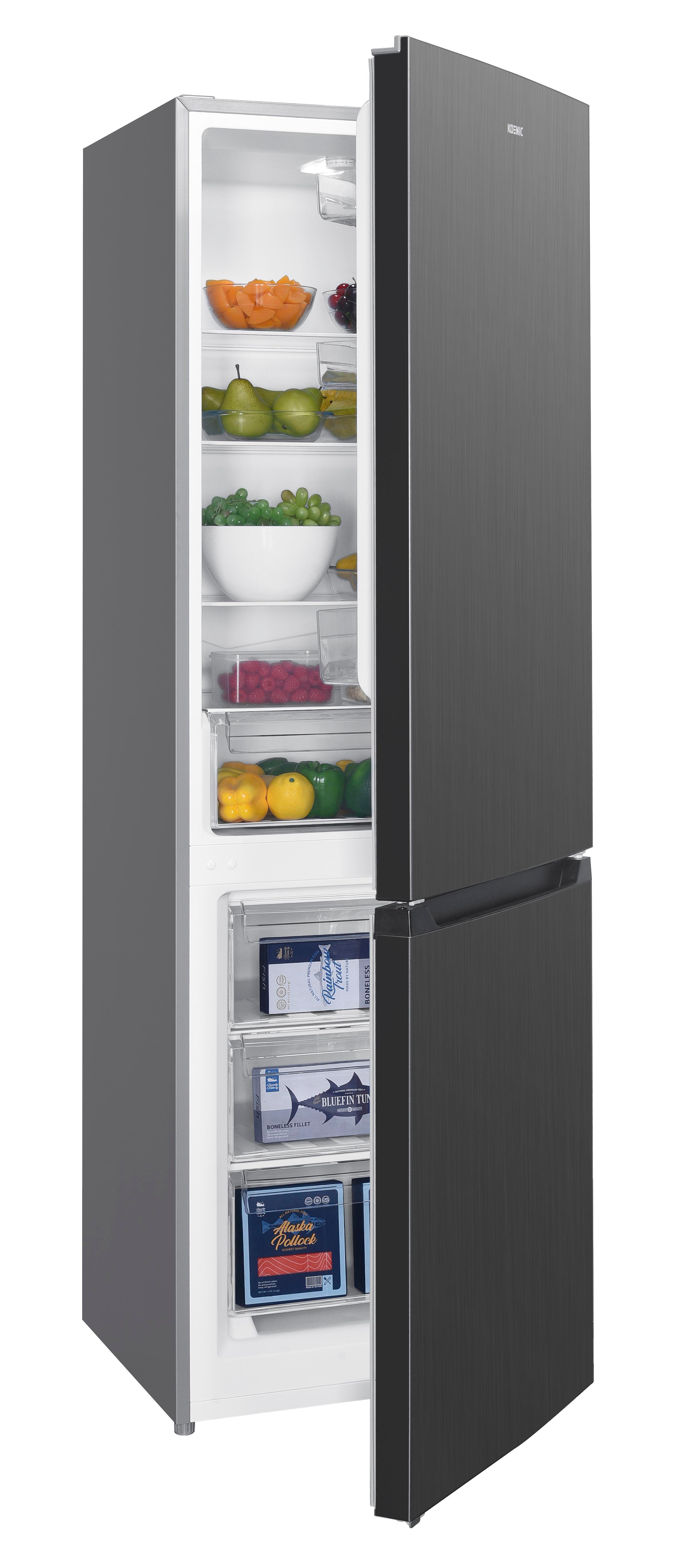 Ein schwarzer Kühlschrank mit geöffneter rechter Tür, der Lebensmittel zeigt. Edelstahl-Finish.