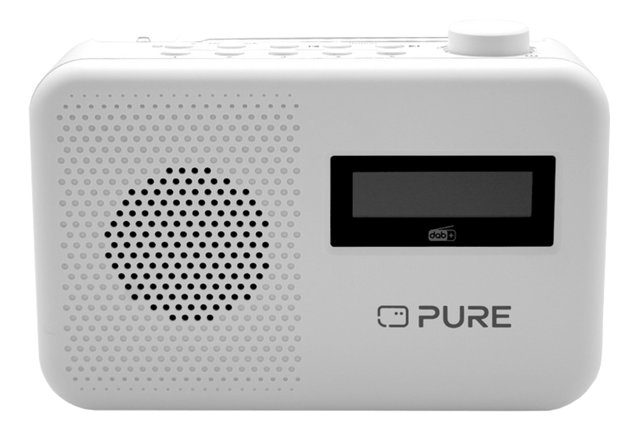 Radio Pure blanche avec écran noir et haut-parleur sur fond blanc.