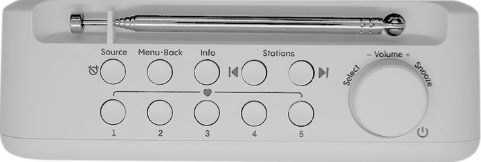 Gros plan sur une radio rétro blanche avec des boutons. Affiche les commandes de source, de menu, de stations, de volume et de répétition.
