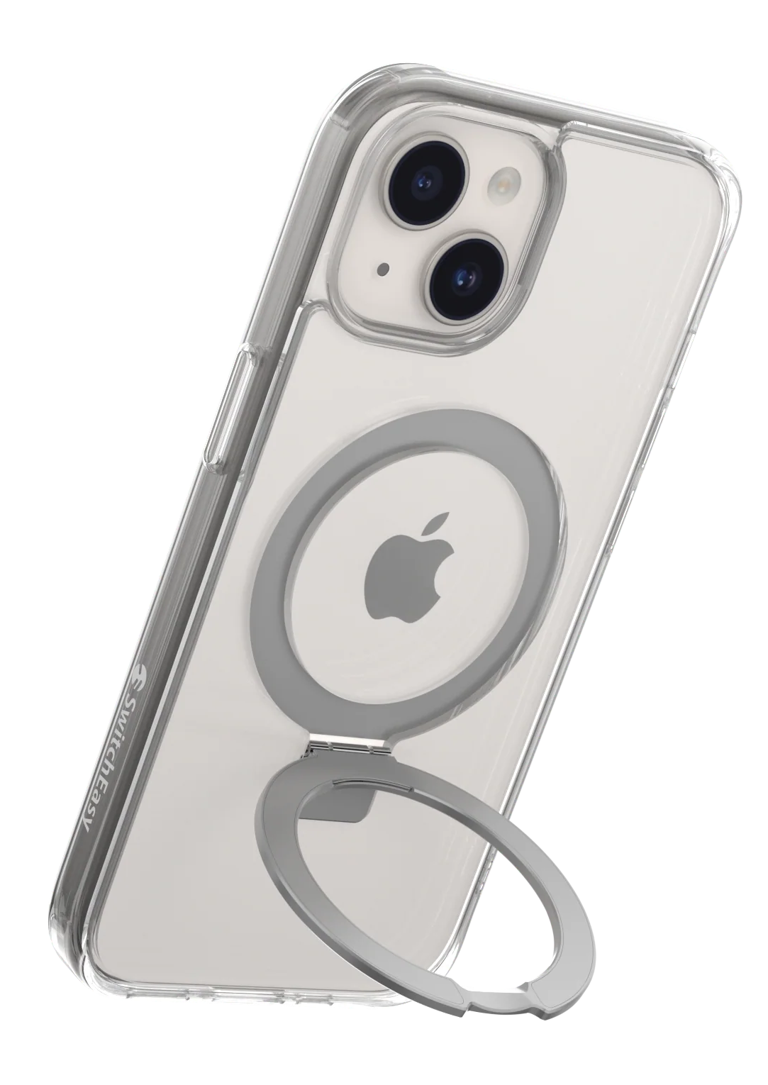 iPhone átlátszó tokkal és gyűrűtartóval, fekete háttérrel.