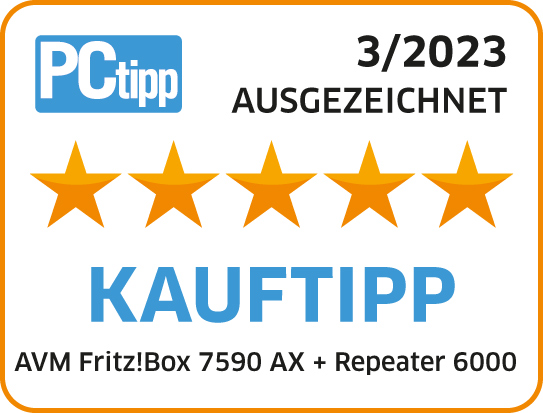 Ausgezeichnet von PCtipp KaufTipp. Fünf goldene Sterne, Text 'AVM Fritz!Box 7590 AX + Repeater 6000'.