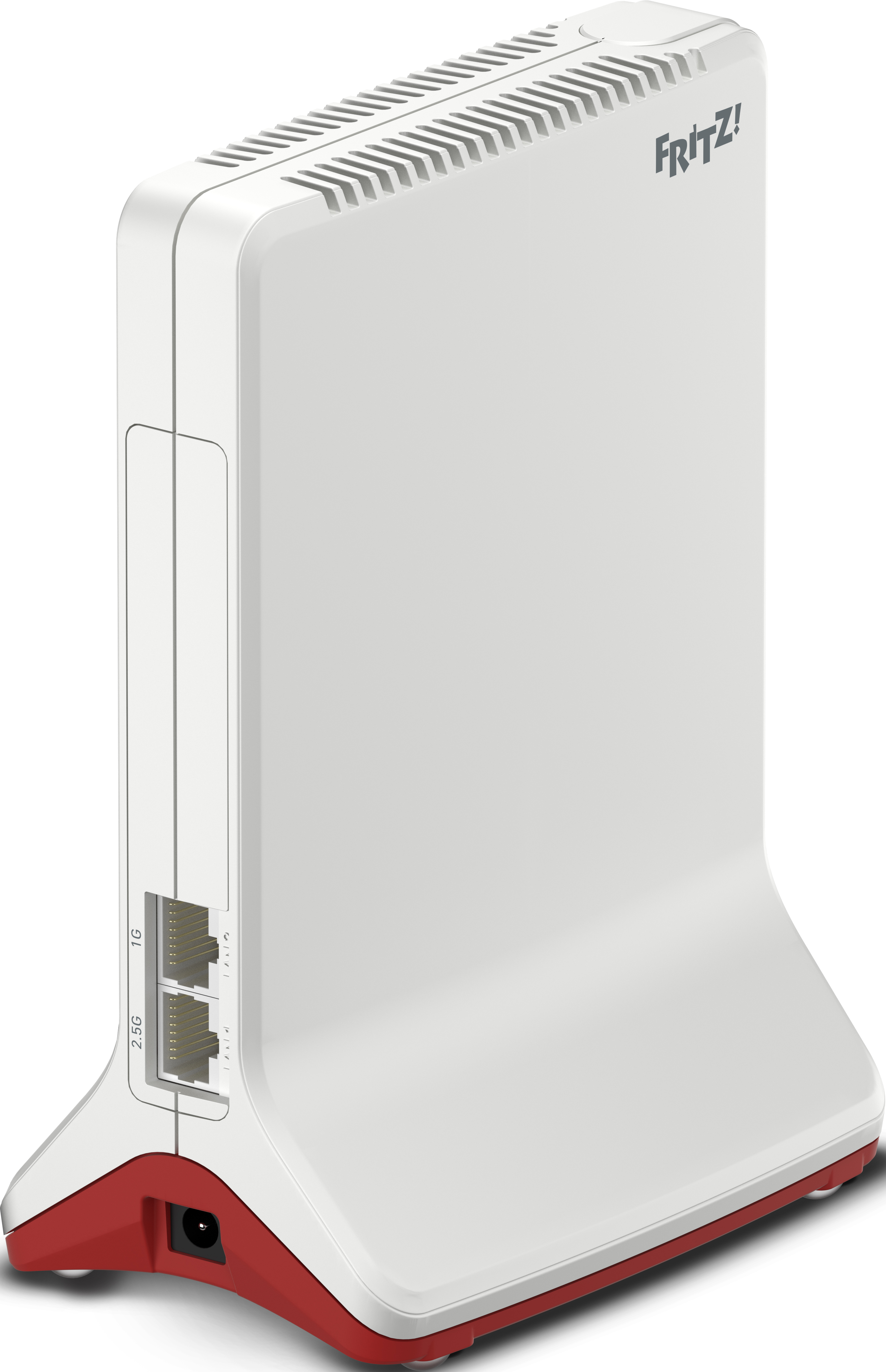 Routeur blanc et rouge avec logo FRITZ!. Ports et entrée d'alimentation visibles. Fond blanc.