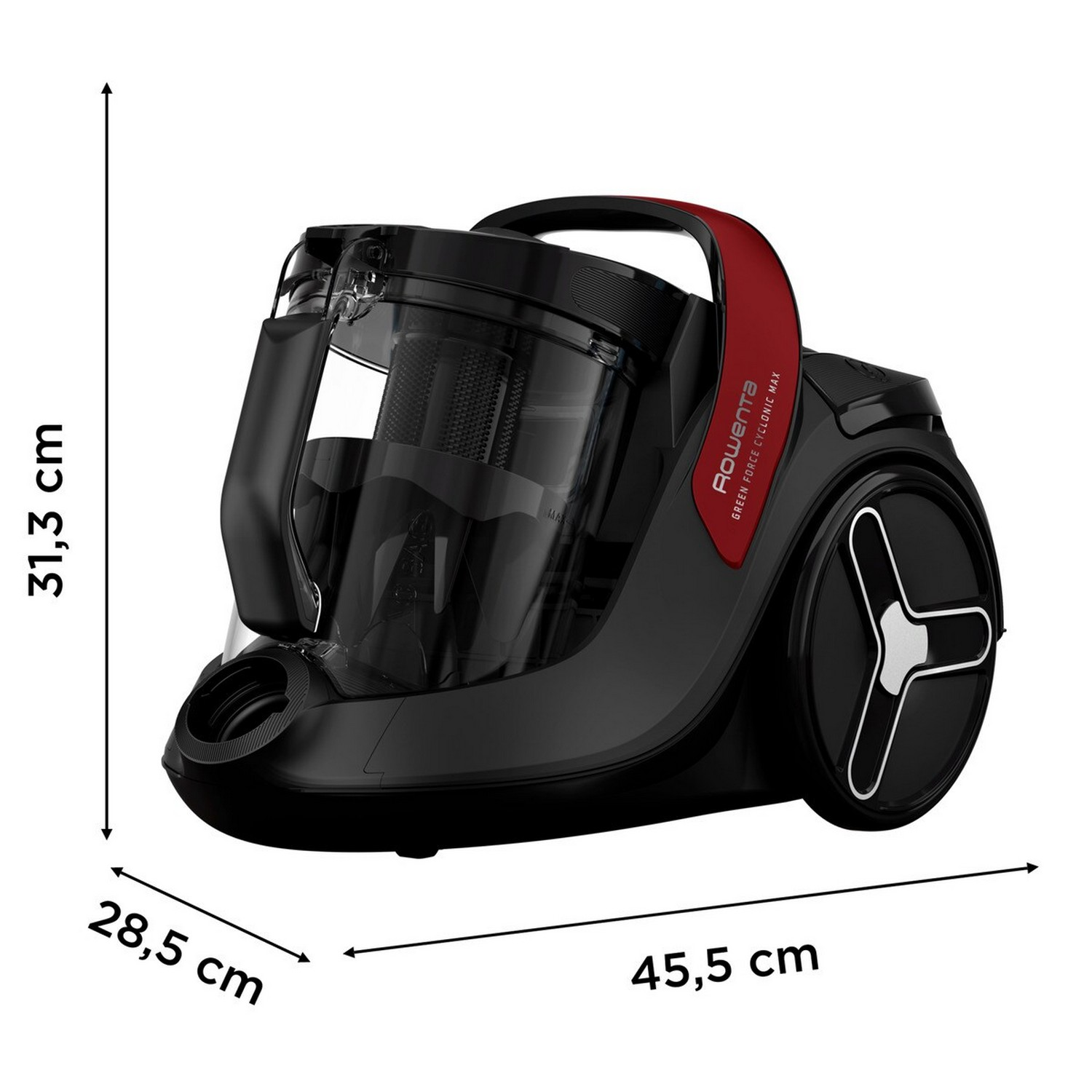 Black vacuum cleaner with red handle and dimensions measurements.