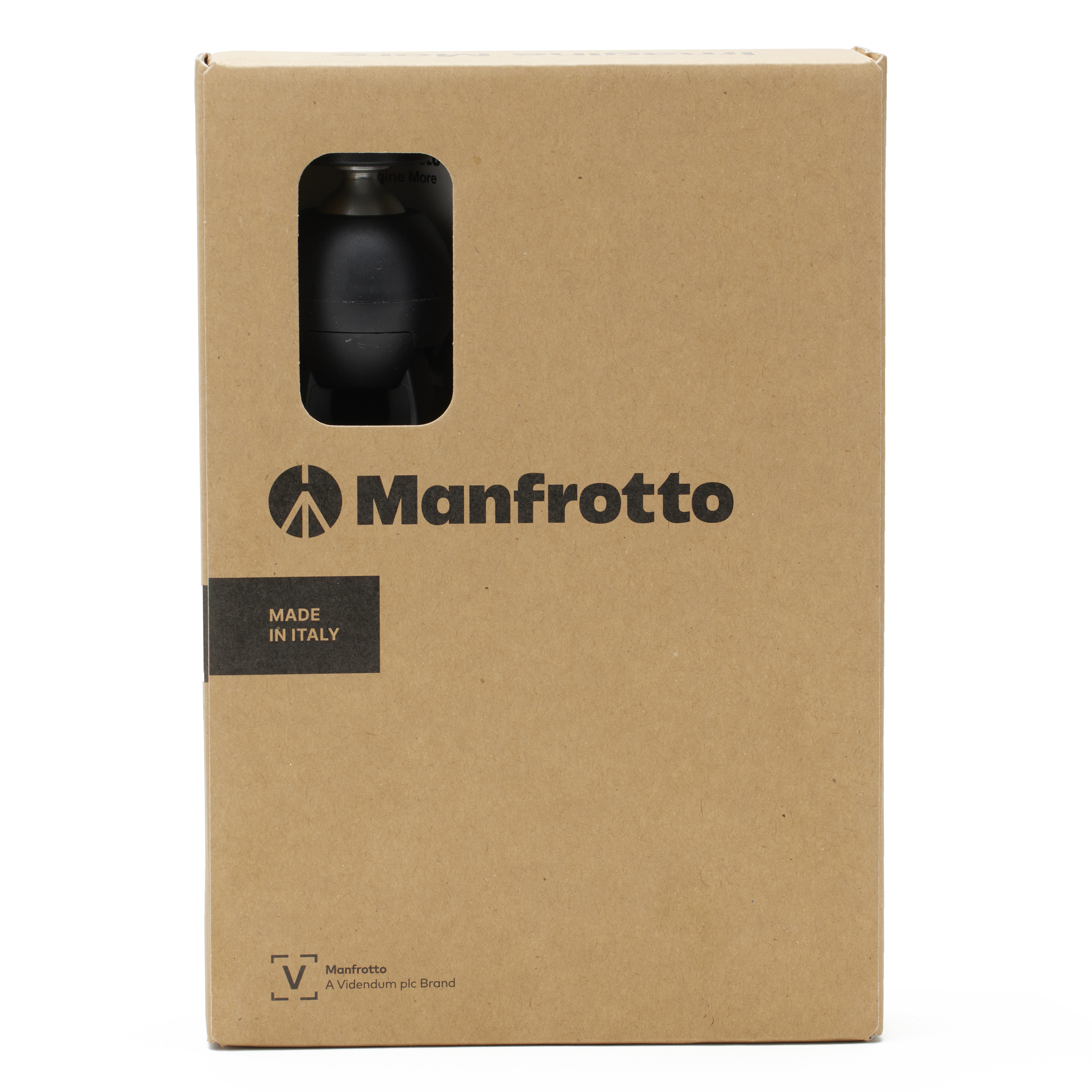 Karton mit Manfrotto-Logo und Sichtloch, um ein Produkt zu sehen.