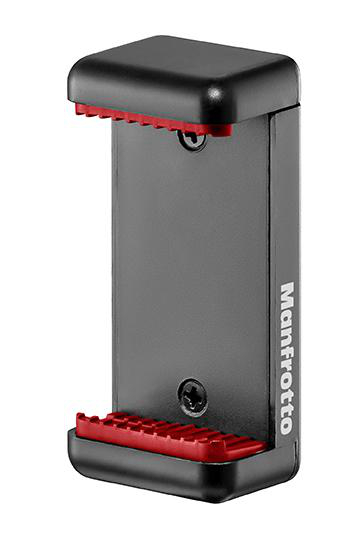 Schwarzer Telefonhalter mit roten Griffen. Manfrotto-Logo an der Seite.