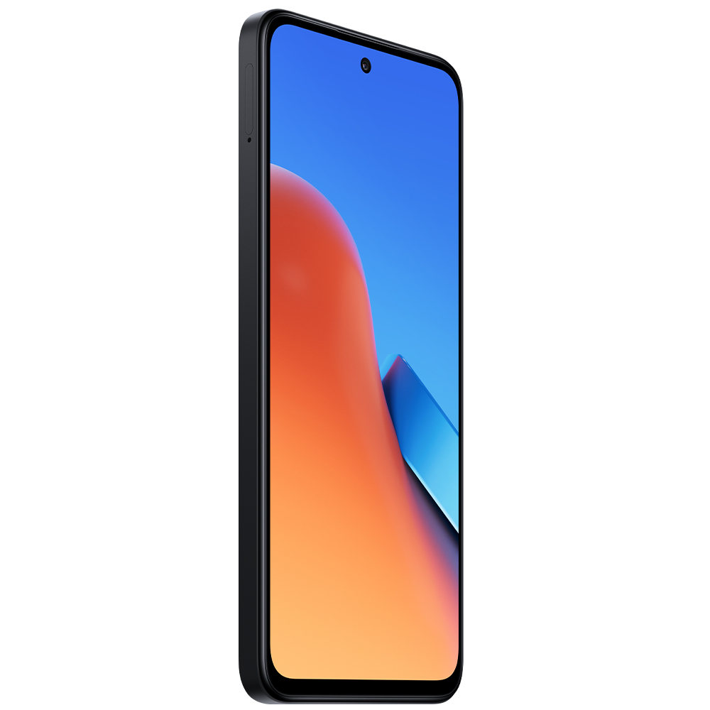 Ekranında turuncu ve mavi soyut bir tasarıma sahip siyah bir akıllı telefon.