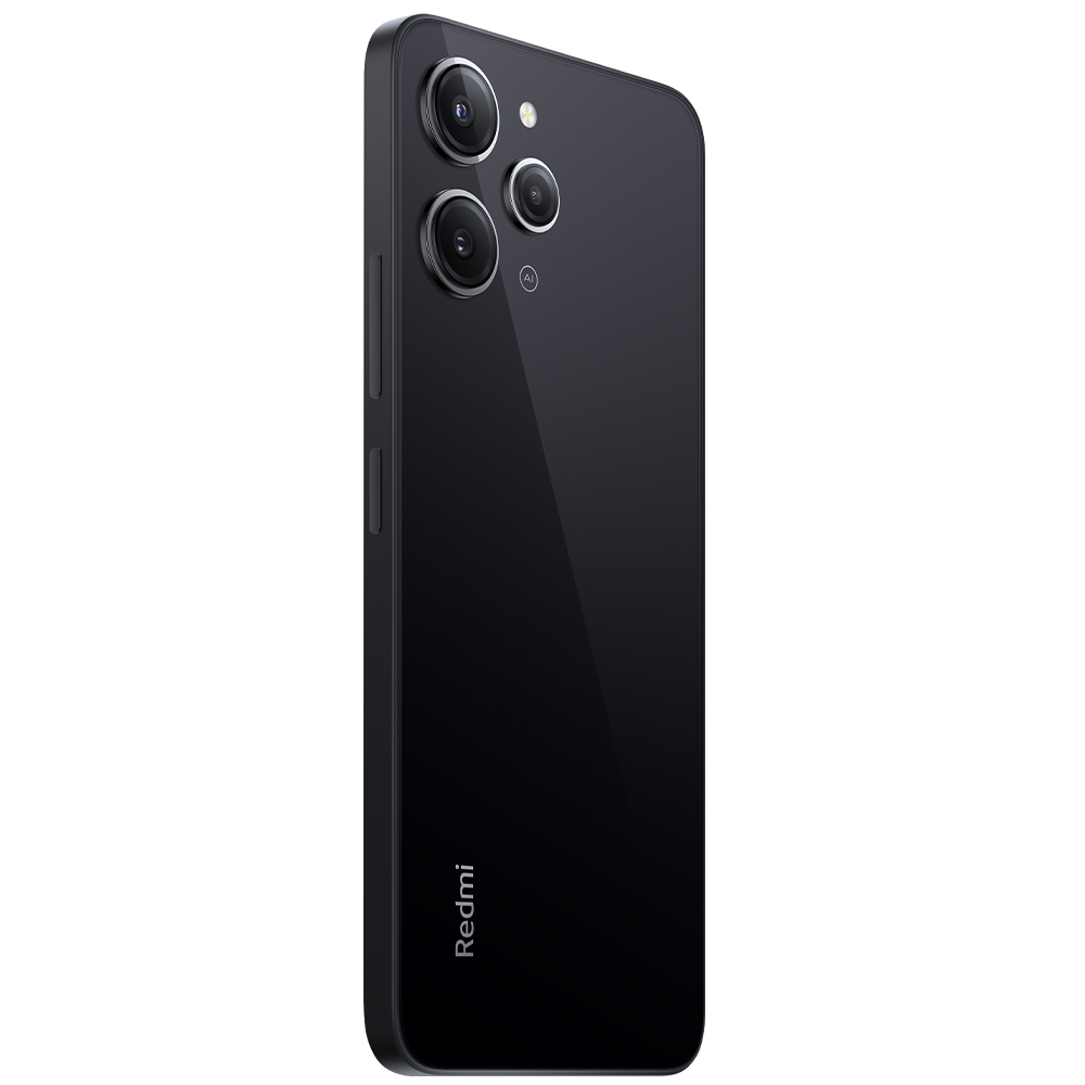 Arka tarafta üçlü kamera kurulumuna sahip siyah akıllı telefon. Redmi logosu görünür.