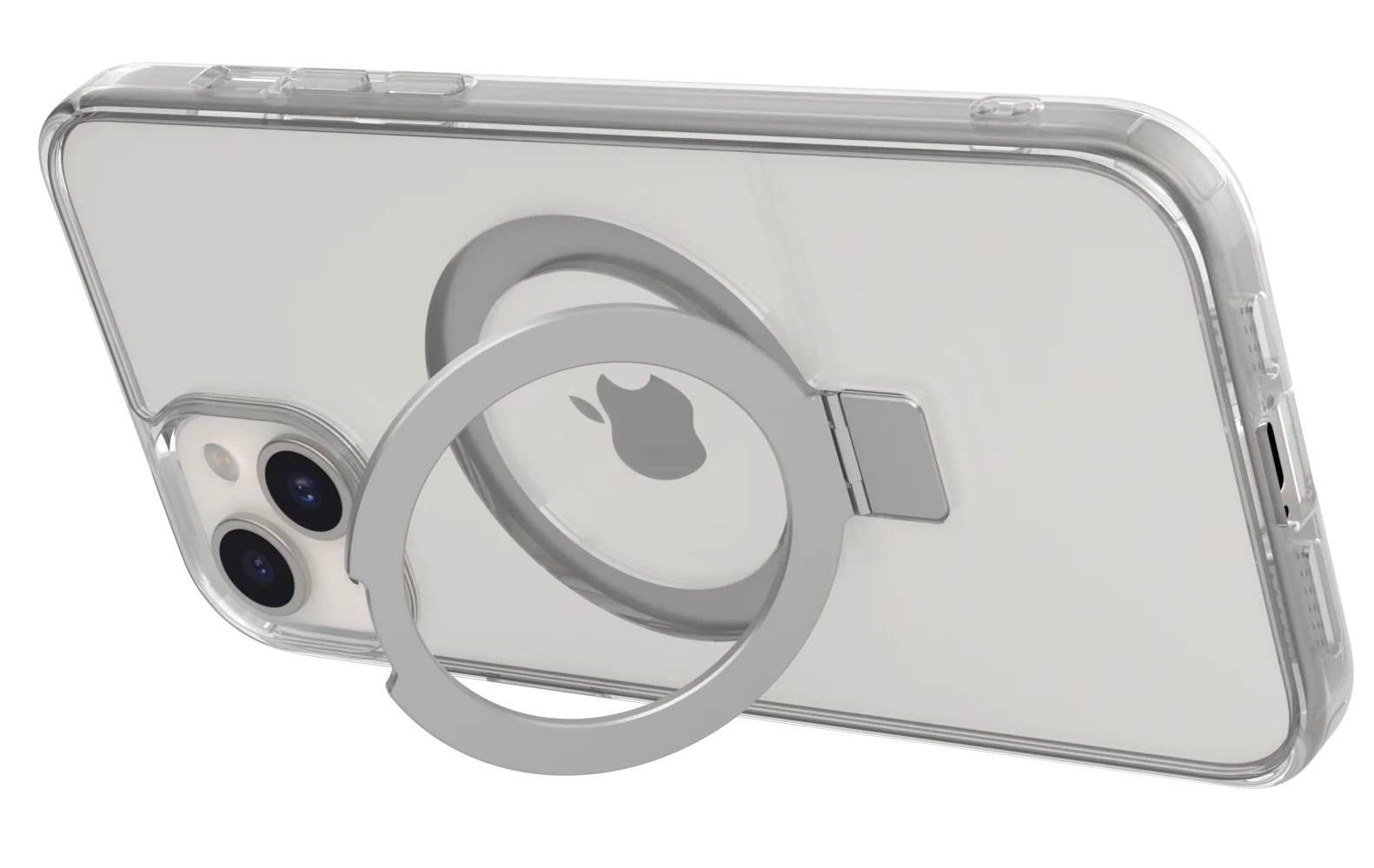 Telefon átlátszó tokban gyűrűtartóval. Az Apple logó látható.