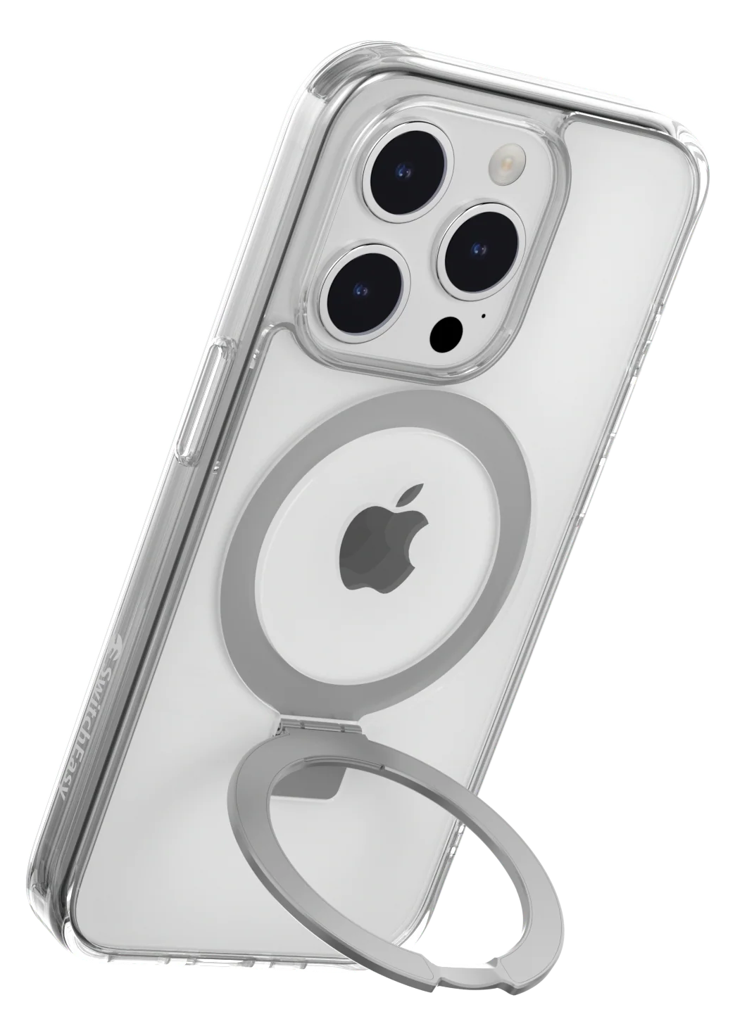 iPhone átlátszó tokban, gyűrűtartóval és látható Apple logóval.