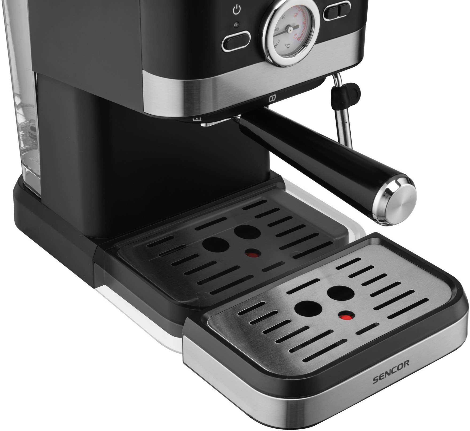 Espresszó gép, fekete és ezüst színben, két tálcával a kifolyó alatt és egy víztartállyal.