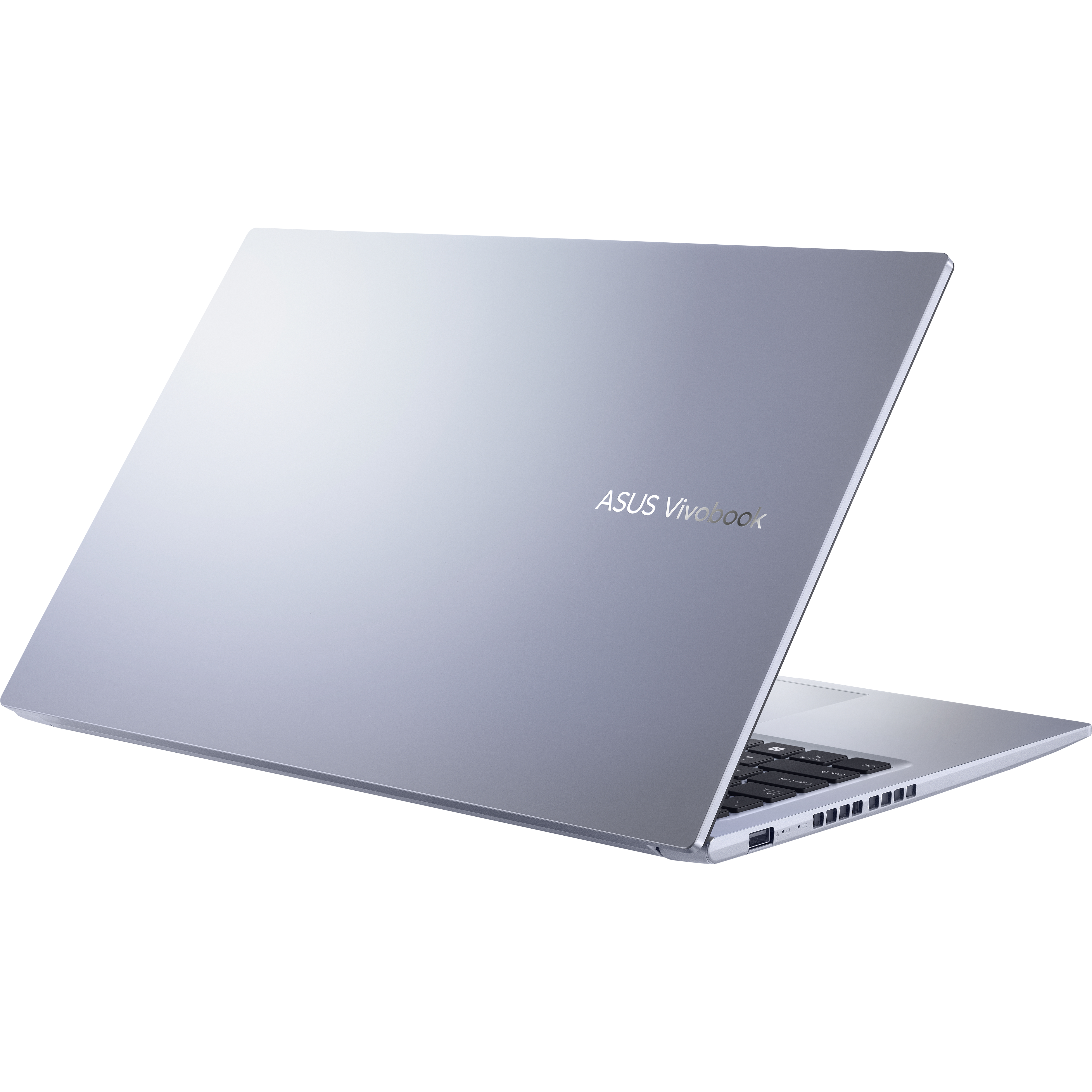 Portátil ASUS Vivobook plateado, vista trasera, abierto. El logotipo de ASUS es visible.