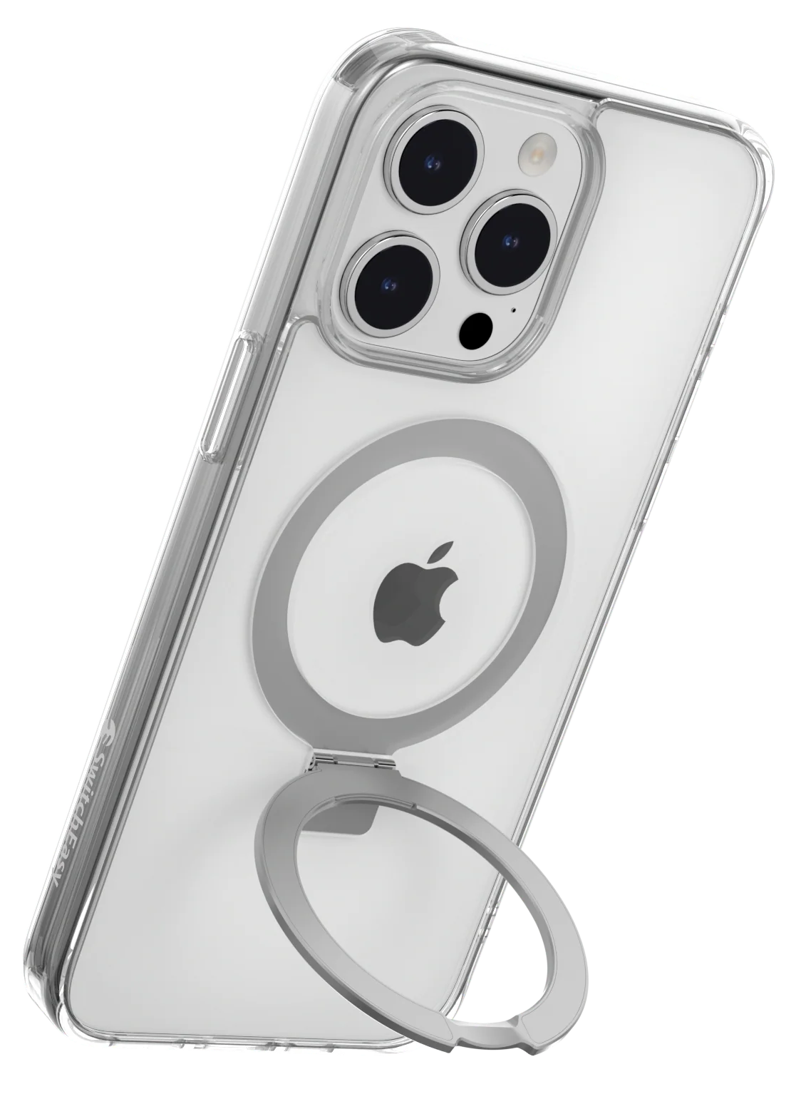 Átlátszó telefontok ezüst gyűrű fogantyúval. Az Apple logó a hátoldalon látható.