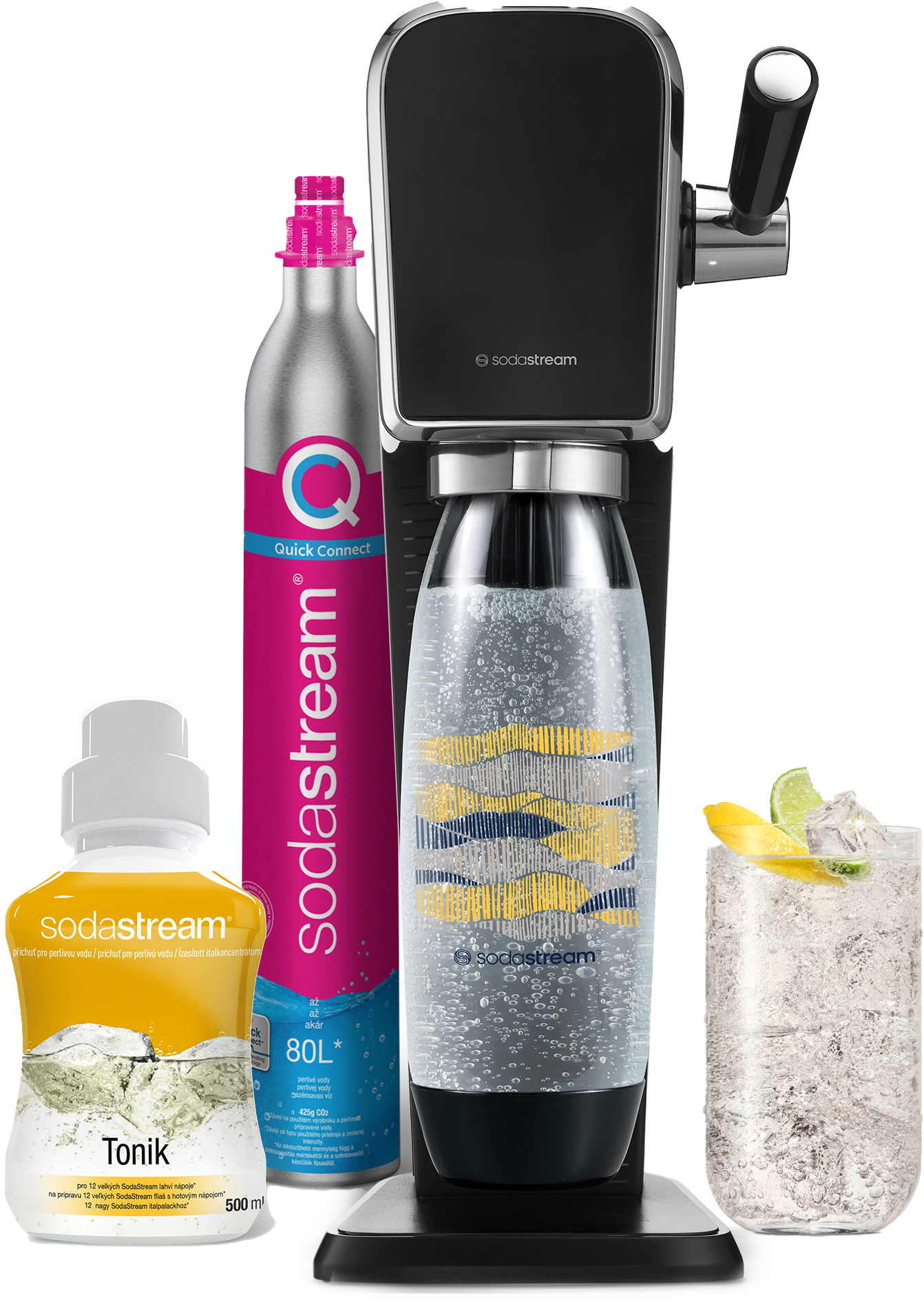 SodaStream gép, palack és ízesítő palack. Egy pohár szóda lime-mal. Fehér háttéren.