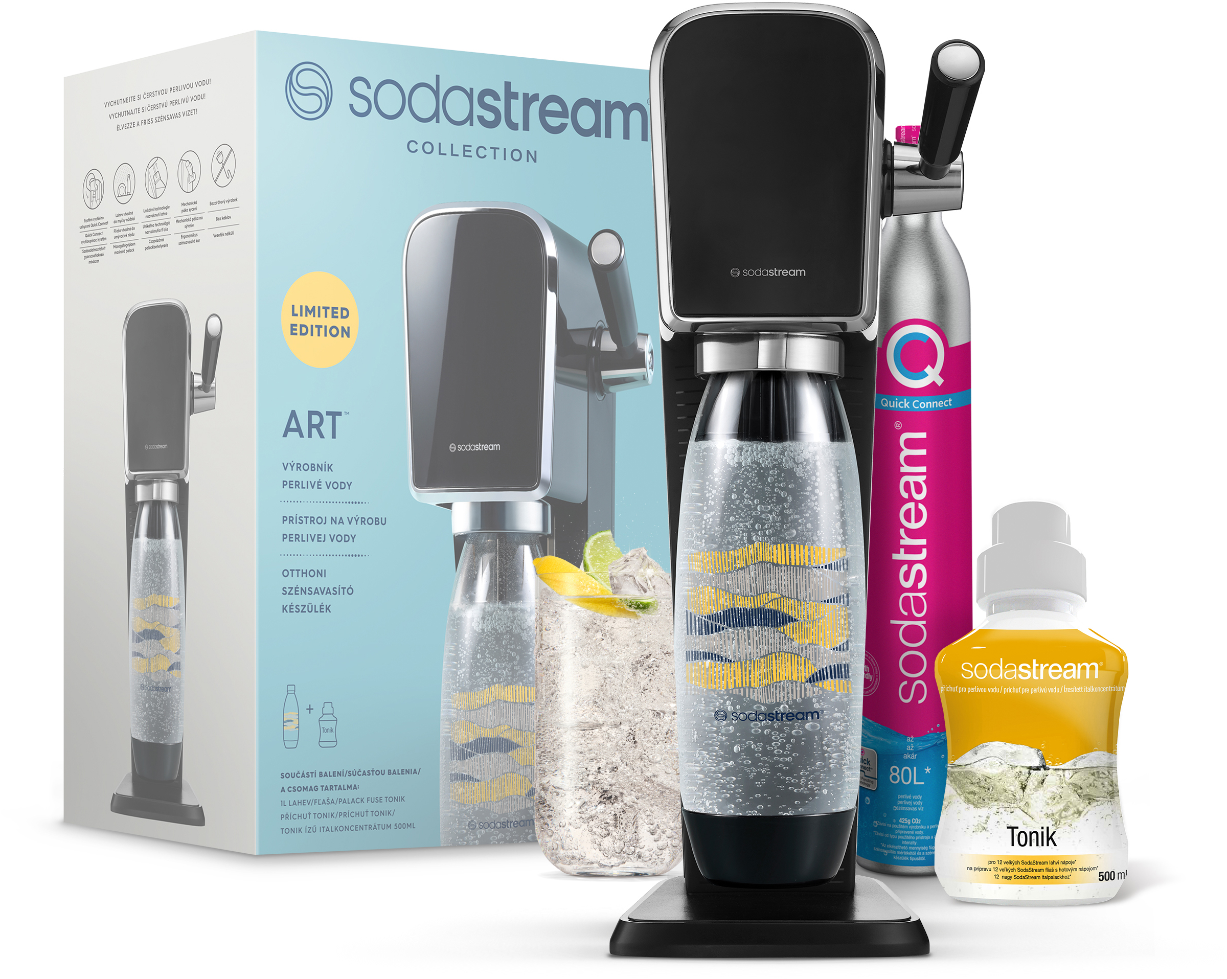 SodaStream gép tartozékokkal, beleértve a palackot, a tonikot és a poharat.