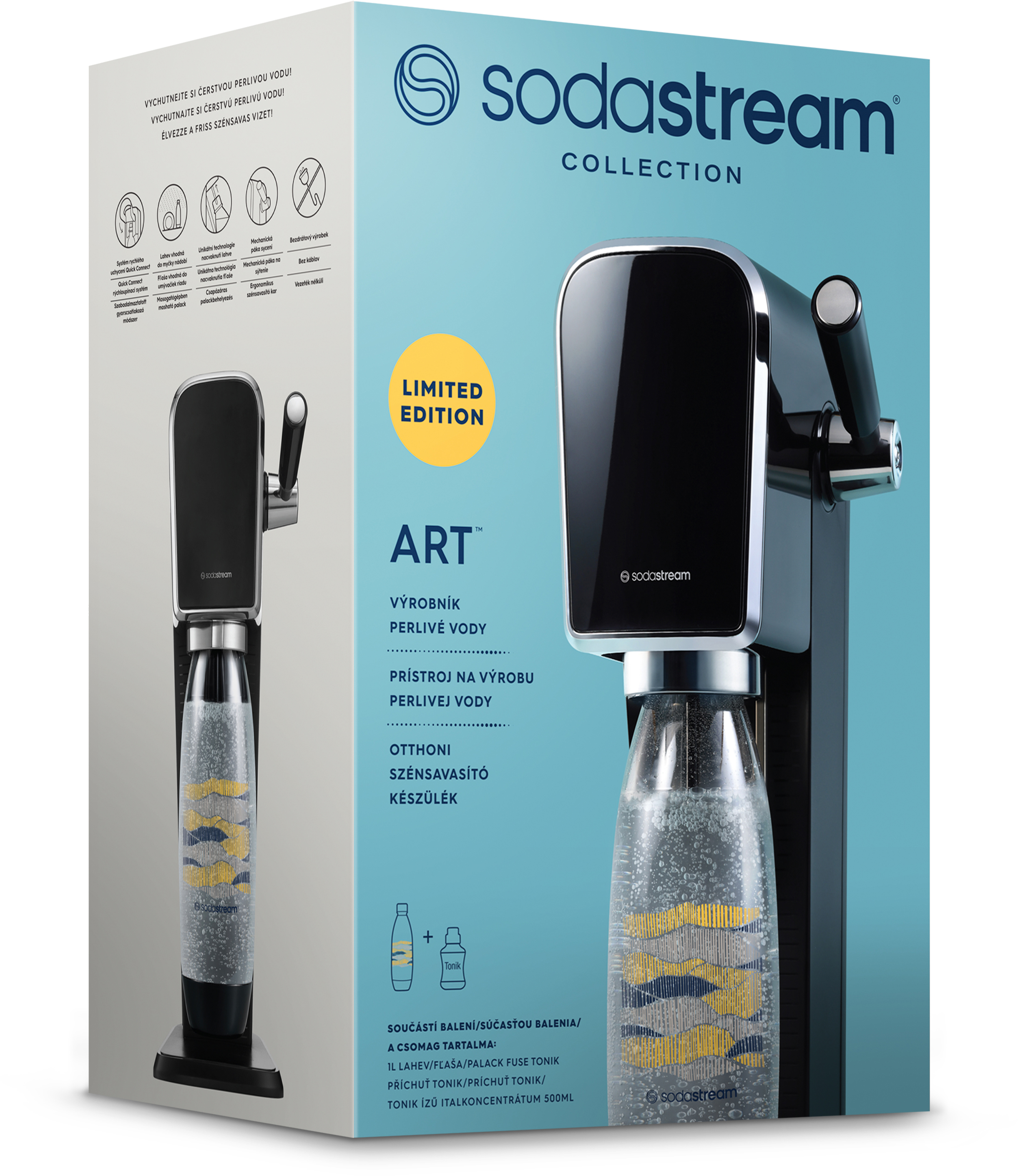 Egy SodaStream doboz egy szódakészítővel. A dobozon több nyelven is szöveg található.
