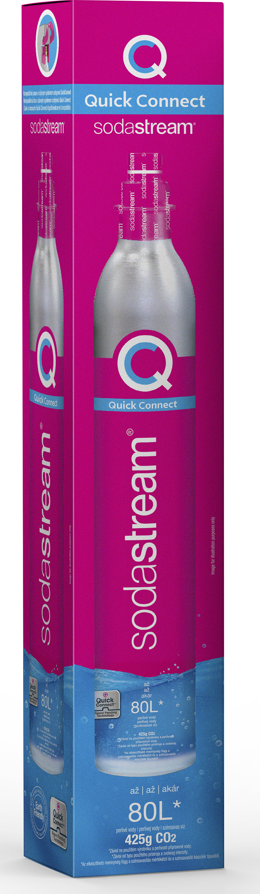 Rózsaszín-ezüst SodaStream CO2-henger dobozban, a márkanévvel.