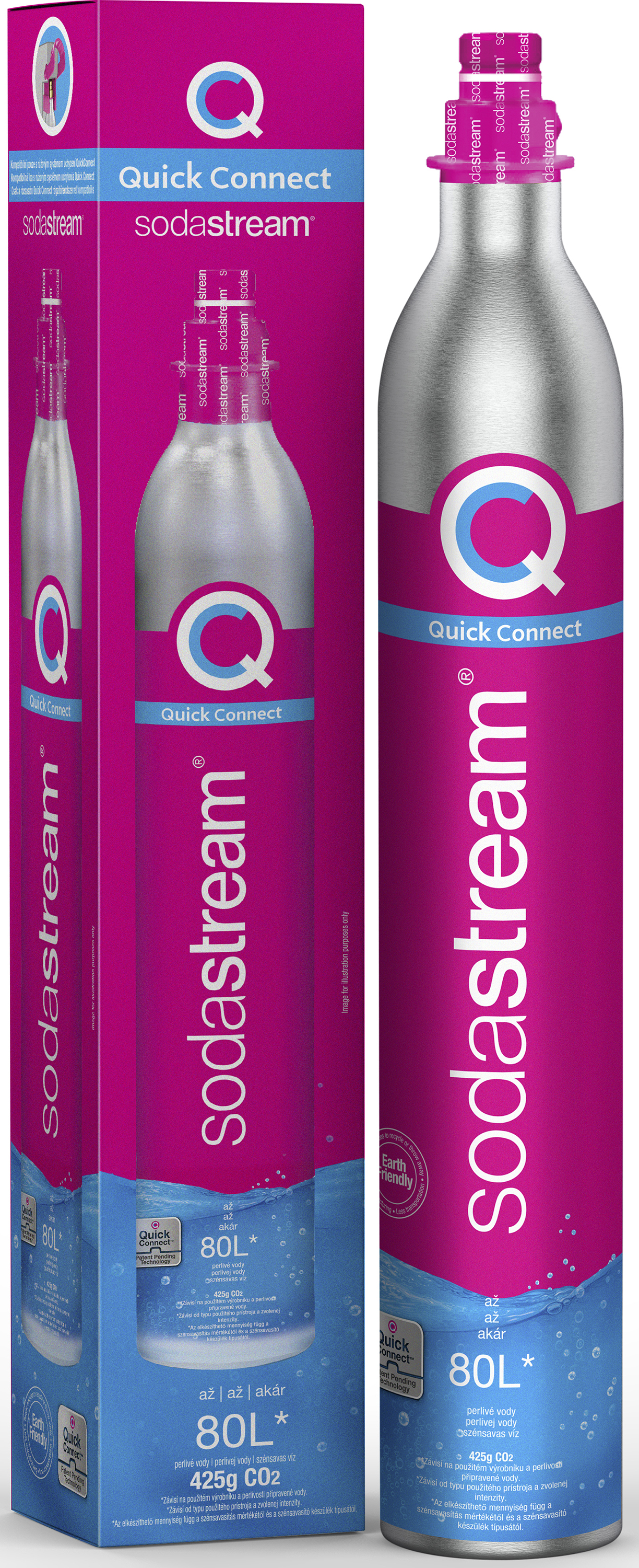 SodaStream henger és doboz. A henger ezüst, kék címkével és rózsaszín dobozzal.