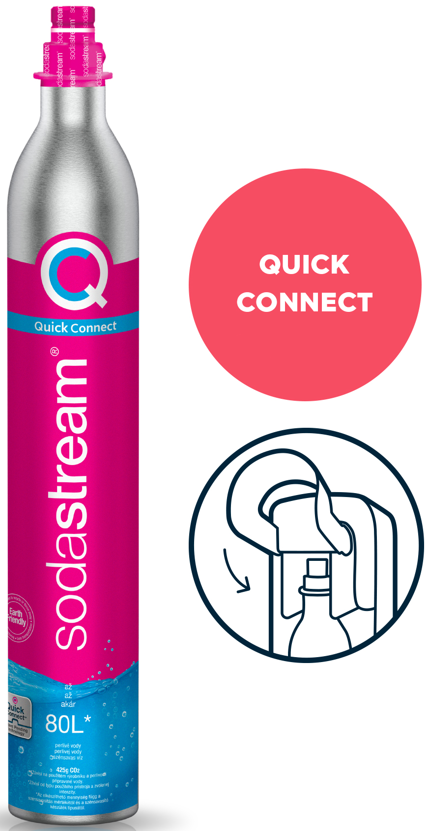 Rózsaszín és ezüst SodaStream palack, piros Quick Connect címkével és illusztrációval.