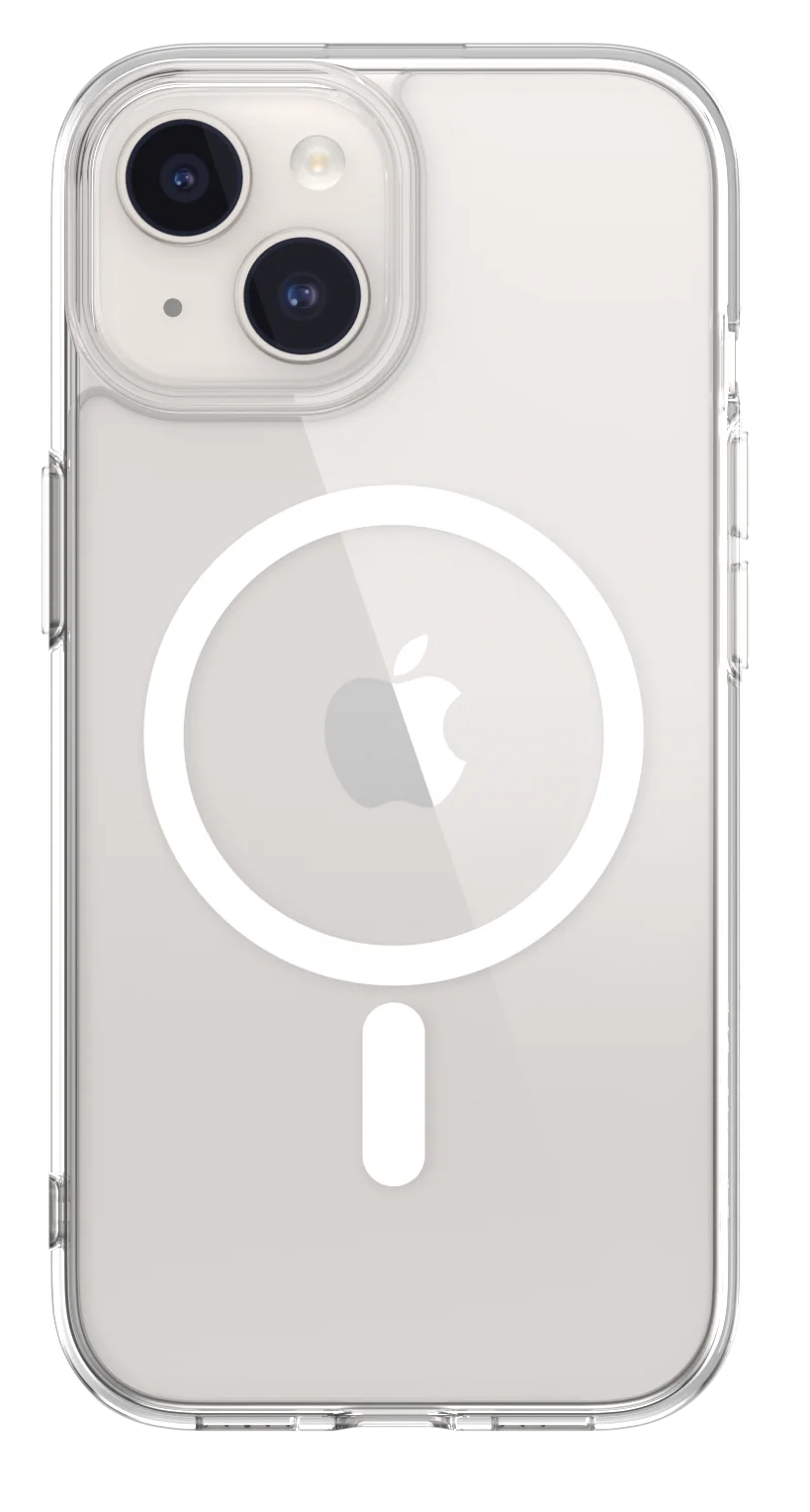 iPhone 14 tok. Átlátszó, fehér Apple logóval és kör alakú töltésjelzővel. Fekete háttér.