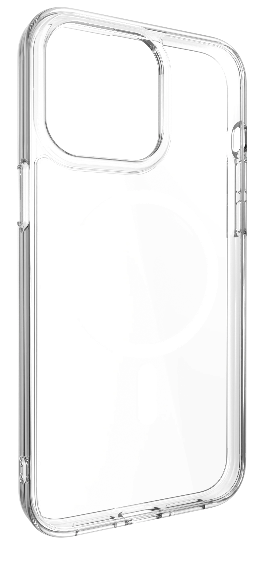 Átlátszó iPhone tok, átlátszó, MagSafe kör, fekete háttér, közelkép.