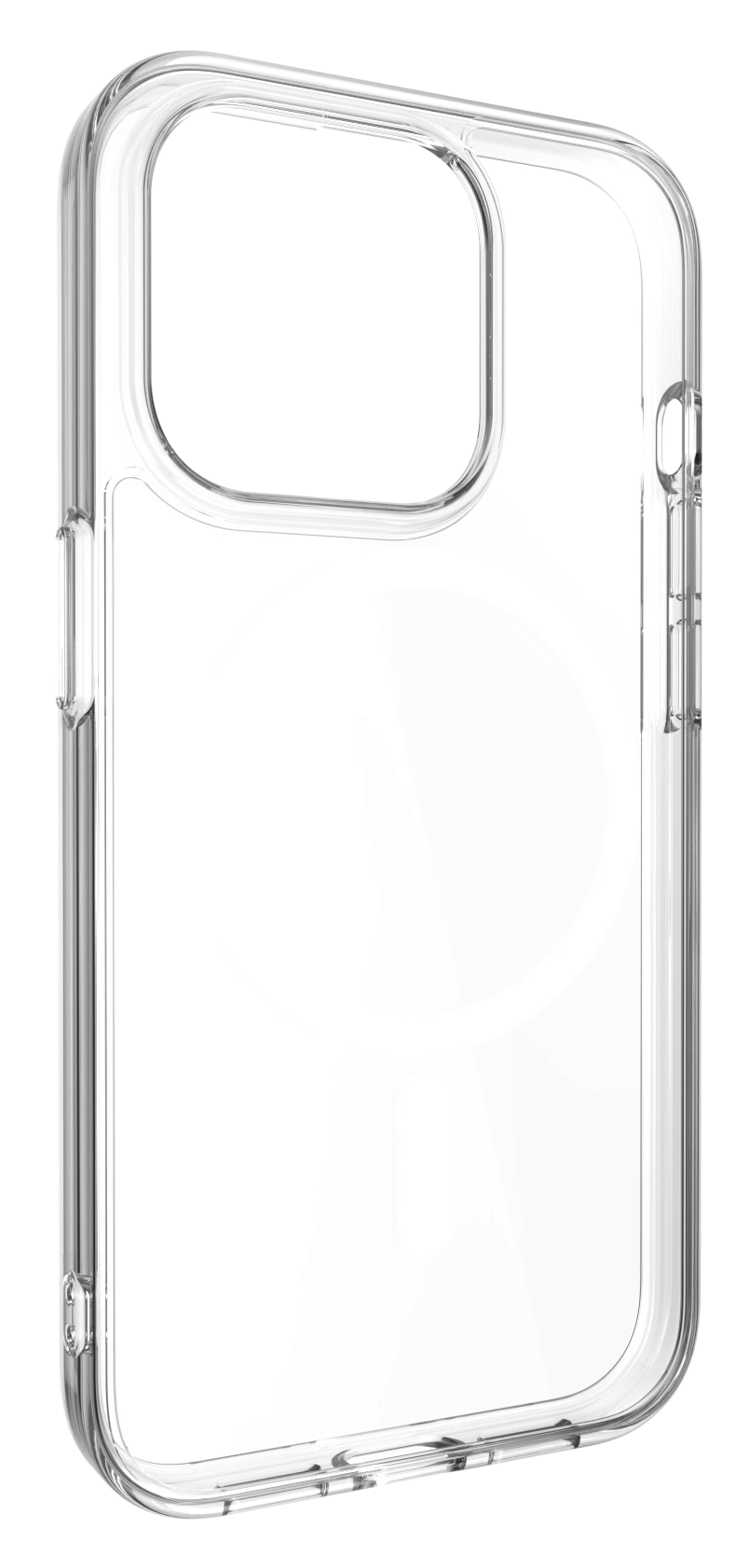 Átlátszó telefontok fekete kamerakivágással és fehér MagSafe körrel. Fekete háttér.