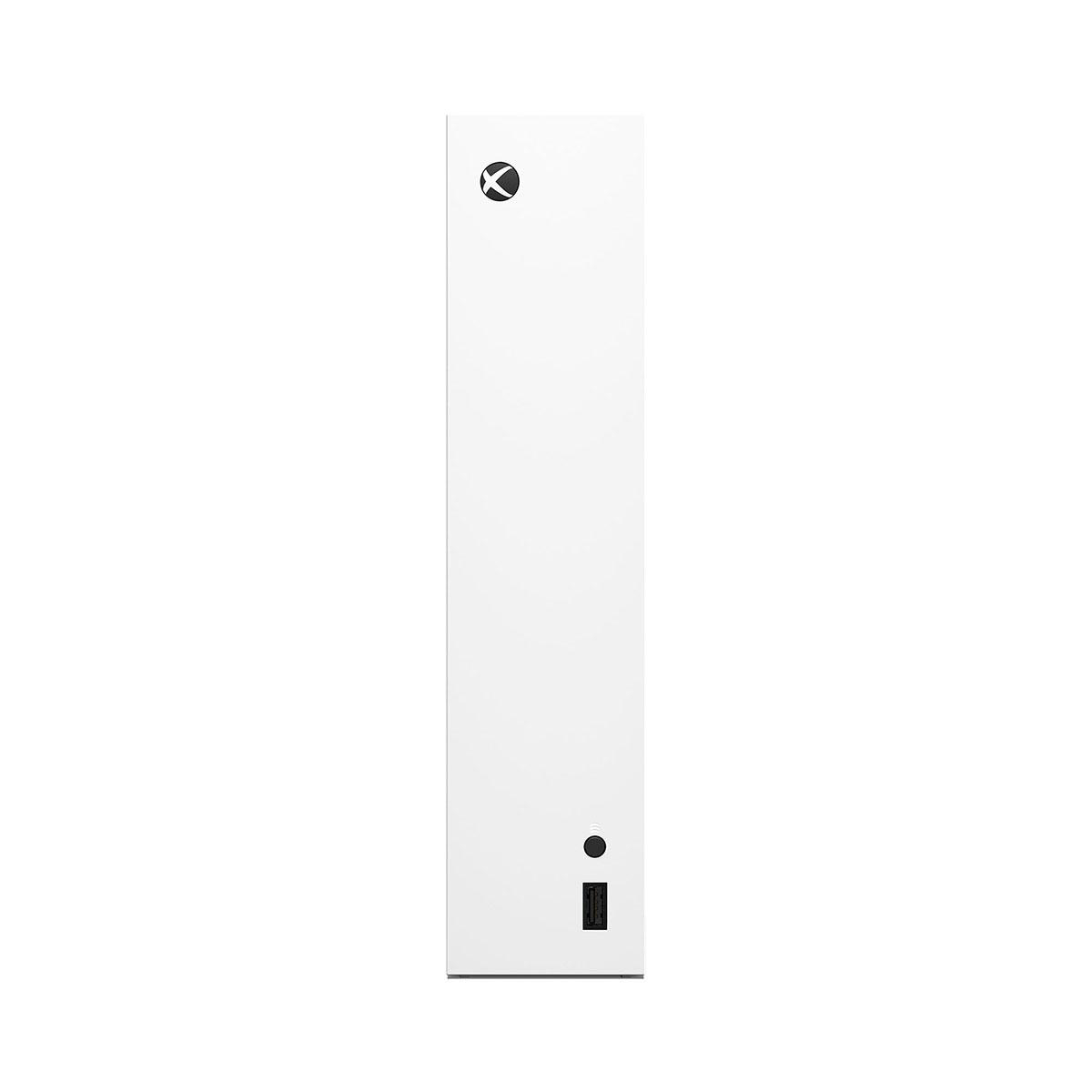 Eine vertikale, weiße Xbox Series X-Konsole mit einem Power-Knopf und einem Logo oben.