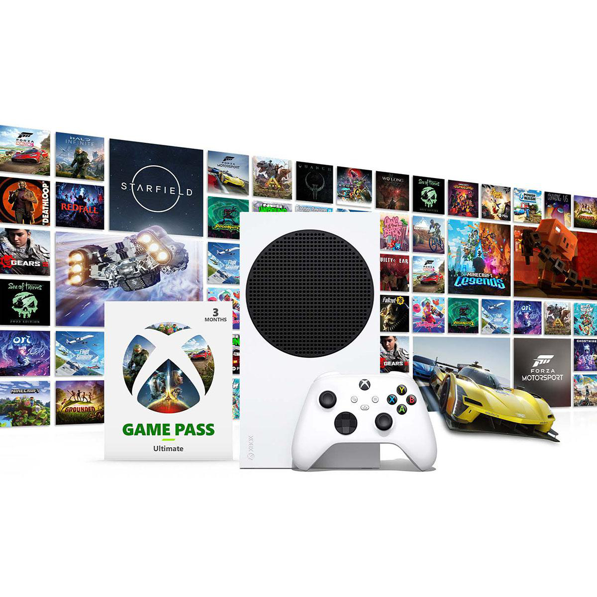 Xbox Series S mit Controller, Game Pass und Spielcovern im Hintergrund.