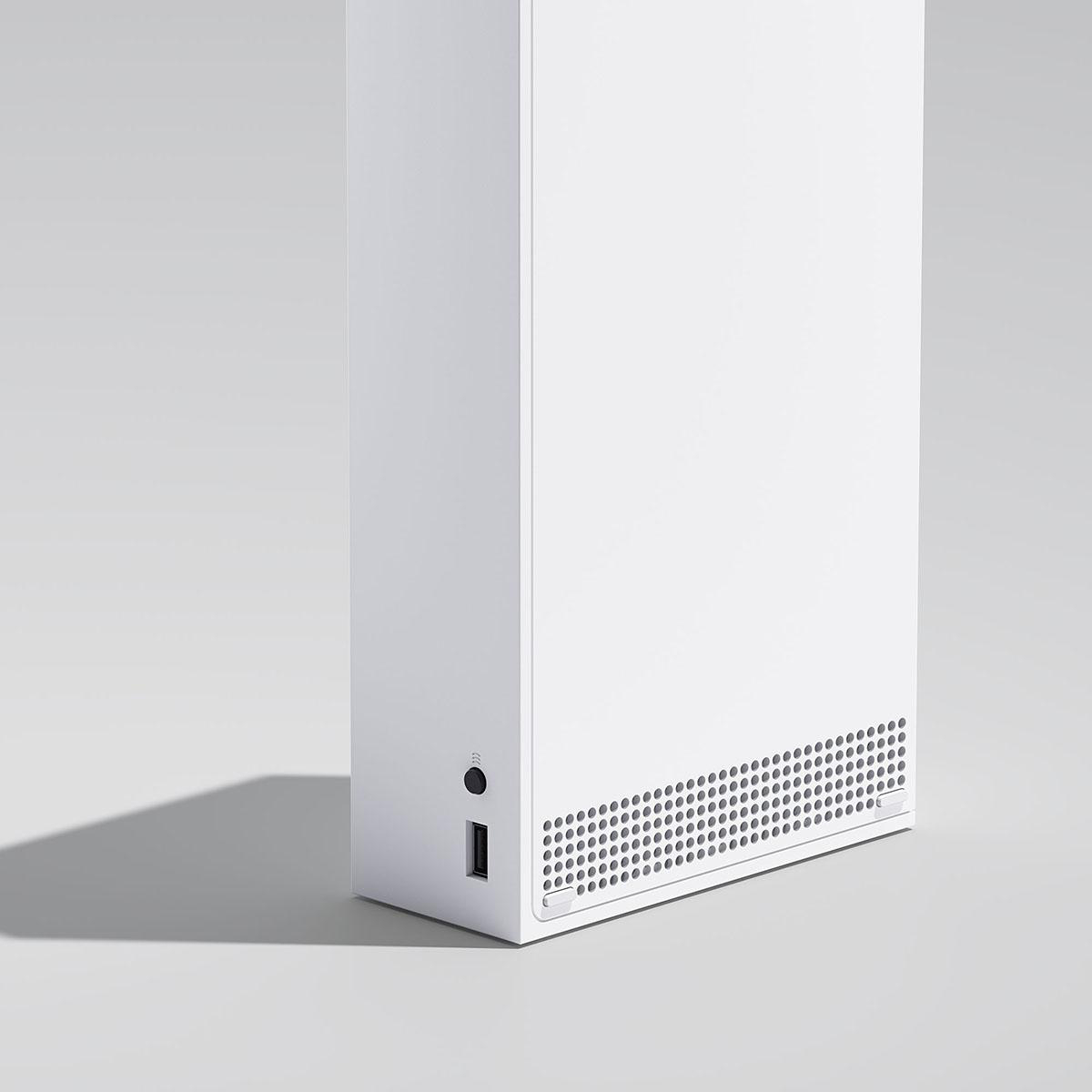 Eine weiße Xbox Series X Konsole aus einem niedrigen Winkel, die Seite mit den Anschlüssen zeigend.