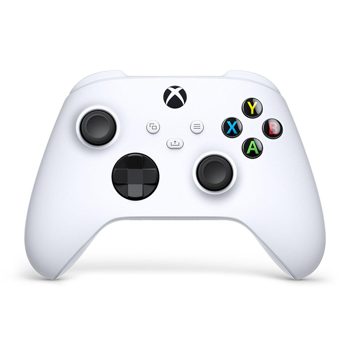 Ein weißer Xbox-Controller mit schwarzen Thumbsticks, Steuerkreuz und farbigen Aktionstasten.