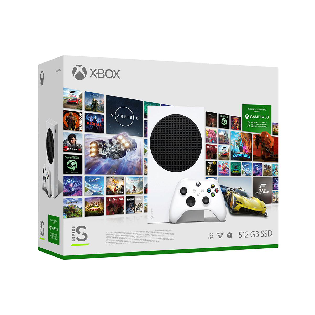 Xbox Series S Konsole und Zubehörbox. Weiße Konsole, Controller und Game Pass Info.