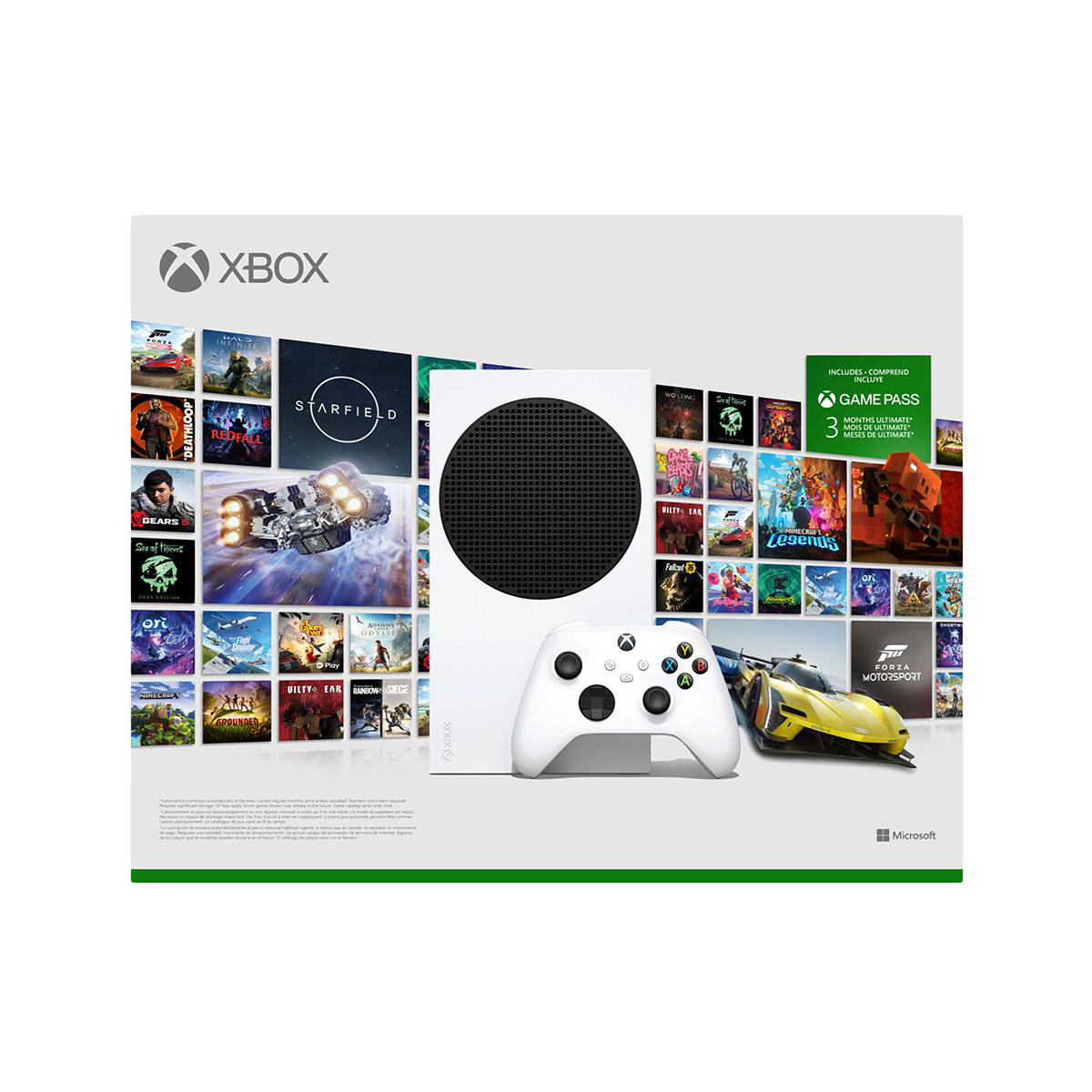 Xbox Series S Konsole mit Spielen, einem weißen Controller und einem gelben Automodell.