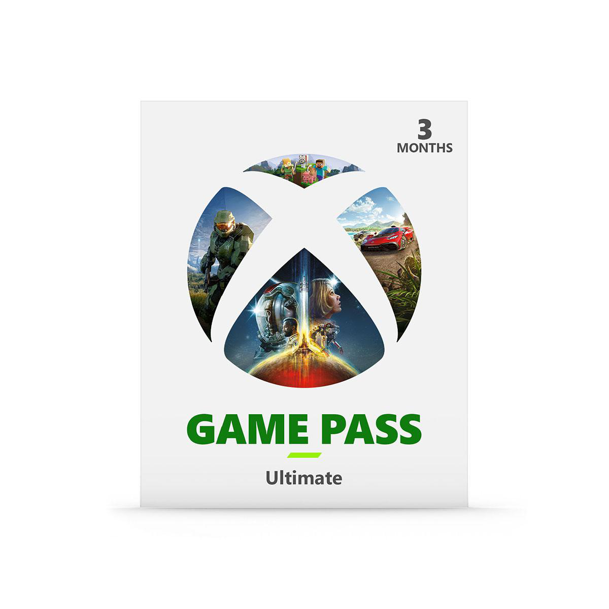 Game Pass Ultimate Karte. Xbox-Logo mit Spielbildern, 3 Monate.